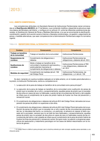 2013
405
INSTITUCIONES PENITENCIARIAS
4.3.2.  ÁMBITO COMPETENCIAL
Las competencias atribuidas a la Secretaría General de Instituciones Penitenciarias vienen enmarca-
das en el Real Decreto 400/2012, de 17 de febrero, cuyo contenido modifica y desarrolla la estructura orgá-
nica básica del Ministerio del Interior, y configura en su artículo 5.2, entre las diferentes subdirecciones ge-
nerales, la Subdirección General de Penas y Medidas Alternativas, a la que se encomienda la planificación,
coordinación y gestión de la acción social a internos y liberados condicionales, y la gestión y seguimiento de
penas y medidas alternativas, que sean competencia de la Administración Penitenciaria según la normativa
vigente.
TABLA 33.	 REPERTORIO PENAL ALTERNATIVO Y PANORAMA COMPETENCIAL
Condena Consecuencia Competencia
Trabajo en beneficio
de la comunidad
Trabajo en beneficio de la comunidad Instituciones Penitenciarias
Suspensiones de
condena
Cumplimiento de obligaciones o
deberes
Instituciones Penitenciarias las
obligaciones y deberes del art. 83.5
Sustituciones de
condena
Multa o trabajo en beneficio de la
comunidad o localización permanente y,
podrá además imponerse el
cumplimiento de obligaciones o deberes
Instituciones Penitenciarias el TBC
y las obligaciones y deberes del
art. 83.5
Medidas de seguridad
Cumplimiento de medidas del art. 106
del Código Penal
Instituciones Penitenciarias, las
obligaciones: j y k del art. 106
Es decir, teniendo en cuenta el análisis realizado en la tabla anterior, en el modelo penal alternativo a
la prisión, la Institución Penitenciaria, centra su competencia en:
1.  La ejecución de la pena de trabajo en beneficio de la comunidad como pena principal12
.
2. La ejecución de la pena de trabajo en beneficio de la comunidad como sustitución de penas de
prisión que no excedan de un año y, excepcionalmente, aquellas penas de prisión que no excedan
de dos años en casos de reos no habituales, cuando de las circunstancias del hecho y del culpable
se infiera que el cumplimiento de la pena de prisión habría de frustrar los fines de prevención y
reinserción social.
3. El cumplimiento de obligaciones o deberes del artículo 83.5 del Código Penal, derivados de la sus-
pensión de penas de prisión no superiores a dos años.
4. El cumplimiento de obligaciones o deberes del artículo 83.5 del Código Penal derivados de la sus-
titución de penas de prisión que no excedan de un año cuando de las circunstancias personales
del reo, la naturaleza del hecho, su conducta y, en particular, el esfuerzo en reparar el daño cau-
sado así lo aconsejen, siempre que no se trate de reos habituales y, excepcionalmente, aquellas
penas de prisión que no excedan de dos años en casos de reos no habituales cuando de las cir-
cunstancias del hecho y del culpable se infiera que el cumplimiento de la pena de prisión habría de
frustrar los fines de prevención y reinserción social. De igual modo, la sujeción a programas espe-
cíficos de reeducación y tratamiento psicológico en los casos de delitos relacionados con la vio-
lencia de género.
12
 El Código Penal no define la pena principal, pero la doctrina entiende por este concepto aquellas penas asociadas a una
infracción penal.
 