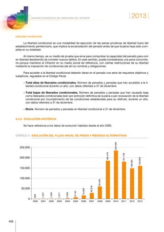 2013
408
ANUARIO ESTADÍSTICO DEL MINISTERIO DEL INTERIOR
Libertad condicional
La libertad condicional es una modalidad de ejecución de las penas privativas de libertad fuera del
establecimiento penitenciario, que implica la excarcelación del penado antes de que la pena haya sido cum-
plida en su totalidad.
Al mismo tiempo, es un medio de prueba que sirve para comprobar la capacidad del penado para vivir
en libertad desistiendo de cometer nuevos delitos. En este sentido, puede considerarse una pena comunita-
ria porque mantiene al infractor en su medio social de referencia, con ciertas restricciones de su libertad
mediante la imposición de condiciones (de ahí su nombre) y obligaciones.
Para acceder a la libertad condicional deberán darse en el penado una serie de requisitos objetivos y
subjetivos, regulados en el Código Penal.
– Total altas de liberados condicionales. Número de penados y penadas que han accedido a la li-
bertad condicional durante un año, con datos referidos a 31 de diciembre.
– Total bajas de liberados condicionales. Número de penados y penadas que han causado baja
como liberados condicionales bien por extinción definitiva de la pena o por revocación de la libertad
condicional por incumplimiento de las condiciones establecidas para su disfrute, durante un año,
con datos referidos a 31 de diciembre.
– Stock. Número de penados y penadas en libertad condicional a 31 de diciembre.
4.3.5.  EVOLUCIÓN HISTÓRICA
Se hace referencia a los datos de evolución habidos desde el año 2000.
GRÁFICO 4.	 EVOLUCIÓN DEL FLUJO ANUAL DE PENAS Y MEDIDAS ALTERNATIVAS
2000 2001 2002 2003 2004 2005 2006 2007 2008 2009 2010 2011 2012 2013
0
50.000
100.000
150.000
200.000
250.000
929
1.027
1.049
1.071
2.304
8.143
16.929
28.578
60.405
185.476
234.935
181.128
148.284
160.804
 