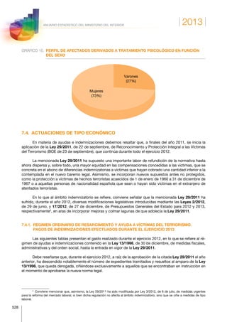 2013
528
ANUARIO ESTADÍSTICO DEL MINISTERIO DEL INTERIOR
GRÁFICO 10.	PERFIL DE AFECTADOS DERIVADOS A TRATAMIENTO PSICOLÓGICO EN FUNCIÓN
DEL SEXO
Varones
(27%)
Mujeres
(73%)
7.4.  ACTUACIONES DE TIPO ECONÓMICO
En materia de ayudas e indemnizaciones debemos resaltar que, a finales del año 2011, se inicia la
aplicación de la Ley 29/2011, de 22 de septiembre, de Reconocimiento y Protección Integral a las Víctimas
del Terrorismo (BOE de 23 de septiembre), que continúa durante todo el ejercicio 2012.
La mencionada Ley 29/2011 ha supuesto una importante labor de refundición de la normativa hasta
ahora dispersa y, sobre todo, una mayor equidad en las compensaciones concedidas a las víctimas, que se
concreta en el abono de diferencias indemnizatorias a víctimas que hayan cobrado una cantidad inferior a la
contemplada en el nuevo baremo legal. Asimismo, se incorporan nuevos supuestos antes no protegidos,
como la protección a víctimas de hechos terroristas acaecidos de 1 de enero de 1960 a 31 de diciembre de
1967 o a aquellas personas de nacionalidad española que sean o hayan sido víctimas en el extranjero de
atentados terroristas.
En lo que al ámbito indemnizatorio se refiere, conviene señalar que la mencionada Ley 29/2011 ha
sufrido, durante el año 2012, diversas modificaciones legislativas introducidas mediante las Leyes 2/2012,
de 29 de junio, y 17/2012, de 27 de diciembre, de Presupuestos Generales del Estado para 2012 y 2013,
respectivamente2
, en aras de incorporar mejoras y colmar lagunas de que adolecía la Ley 29/2011.
7.4.1. REGIMEN ORDINARIO DE RESARCIMIENTO Y AYUDA A VÍCTIMAS DEL TERRORISMO.
PAGOS DE INDEMNIZACIONES EFECTUADOS DURANTE EL EJERCICIO 2013
Las siguientes tablas presentan el gasto realizado durante el ejercicio 2012, en lo que se refiere al ré-
gimen de ayudas e indemnizaciones contenido en la Ley 13/1996, de 30 de diciembre, de medidas fiscales,
administrativas y del orden social, hasta la entrada en vigor de la Ley 29/2011.
Debe reseñarse que, durante el ejercicio 2012, a raíz de la aprobación de la citada Ley 29/2011 el año
anterior, ha descendido notablemente el número de expedientes tramitados y resueltos al amparo de la Ley
13/1996, que queda derogada, ciñéndose exclusivamente a aquellos que se encontraban en instrucción en
el momento de aprobarse la nueva norma legal.
2
  Conviene mencionar que, asimismo, la Ley 29/2011 ha sido modificada por Ley 3/2012, de 6 de julio, de medidas urgentes
para la reforma del mercado laboral, si bien dicha regulación no afecta al ámbito indemnizatorio, sino que se ciñe a medidas de tipo
laboral.
 