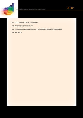2013
544
ANUARIO ESTADÍSTICO DEL MINISTERIO DEL INTERIOR
8.1.	 DOCUMENTACIÓN DE ESPAÑOLES
8.2.	 ATENCIÓN AL CIUDADANO
8.3.	 RECURSOS, INDEMNIZACIONES Y RELACIONES CON LOS TRIBUNALES
8.4.	ARCHIVOS
 