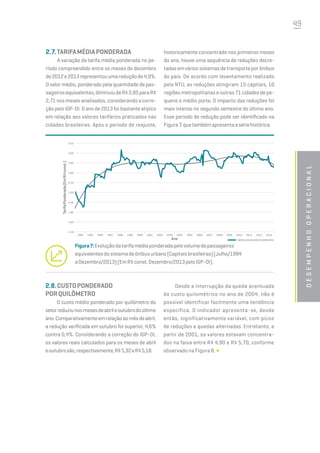 49
desempenhooperacional
2.7.TARIFAMÉDIAPONDERADA
A variação da tarifa média ponderada no pe-
ríodo compreendido entre os meses de dezembro
de2012e2013representouumareduçãode4,9%.
O valor médio, ponderado pela quantidade de pas-
sageirosequivalentes,diminuiudeR$2,85paraR$
2,71 nos meses analisados, considerando a corre-
ção pelo IGP-DI. O ano de 2013 foi bastante atípico
em relação aos valores tarifários praticados nas
cidades brasileiras. Após o período de reajuste,
historicamente concentrado nos primeiros meses
do ano, houve uma sequência de reduções decre-
tadasemváriossistemasdetransporteporônibus
do país. De acordo com levantamento realizado
pela NTU, as reduções atingiram 15 capitais, 10
regiões metropolitanas e outras 71 cidades de pe-
queno e médio porte. O impacto das reduções foi
mais intenso no segundo semestre do último ano.
Esse período de redução pode ser identificado na
Figura7,quetambémapresentaasériehistórica.
2.8.CUSTOPONDERADO
PORQUILÔMETRO
O custo médio ponderado por quilômetro do
setorreduziunosmesesdeabrileoutubrodoúltimo
ano.Comparativamenteemrelaçãoaomêsdeabril,
a redução verificada em outubro foi superior, 4,6%
contra 0,4%. Considerando a correção do IGP-DI,
os valores reais calculados para os meses de abril
eoutubrosão,respectivamente,R$5,32eR$5,18.
Figura7:Evoluçãodatarifamédiaponderadapelovolumedepassageiros
equivalentesdosistemadeônibusurbano(Capitaisbrasileiras)(Julho/1994
aDezembro/2013)(EmR$const.Dezembro/2013peloIGP-DI).
1994 1995 1996 1997 1998 1999 2000 2001 2002 2003 2004 2005 2006 2007 2008 2009 2010 2011 2012 2013
TarifaPonderada(EmR$const.)
Ano
3,20
3,00
2,80
2,60
2,40
2,20
2,00
1,80
1,60
1,40
Tarifa(emvalorescorrentes
Desde a interrupção da queda acentuada
do custo quilométrico no ano de 2004, não é
possível identificar facilmente uma tendência
específica. O indicador apresenta-se, desde
então, significativamente variável, com picos
de reduções e quedas alternadas. Entretanto, a
partir de 2001, os valores estavam concentra-
dos na faixa entre R$ 4,90 e R$ 5,70, conforme
observado na Figura 8.
 