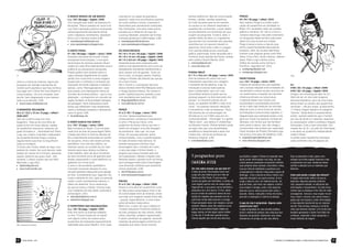 O BRAVO BRADO DE UM BARDO                     colorida em um papel de gramatura              amores platônicos, falta de comunicação,            PREGO
                                              n.u. / A5 / 68 pags. / digital / 2005         especial, neste zine encontramos poemas        timidez, solidão, paixões repentinas.               #4 / A4 / 56 pags. / offset / 2010
                                              Livro lançado pelo editor da Soacaos Pu-      de cunho político e social, ricamente in-      Ao invés de preocupar-se em resolver                Sem rodeios: Prego é a melhor publi-
                                              blicações. Reúne poesias em verso livre       fluenciados pelo pensamento anarquista.        os causos ou em oferecer respostas a                cação de quadrinhos em atividade no
                                              com forte inspiração política e anarquista,   Nas ilustrações, uma para cada poema,          questões tão conhecidas, o autor detém-             Brasil. Um verdadeiro oásis de ousadia
                                              verborragicamente abordando temas             percebe-se a influência do traço de            se precisamente nos momentos em que                 gráfica e narrativa. Ok, não é a única a
                                              como cidadania, sentimentos, desobedi-        Lourenço Mutarelli, presente nas formas        surgem as perguntas. E este é, aliás, o             comprar esta briga, mas está certamente
                                              ência civil e diversos outros.(LM)            humanas grotescas e deformadas. (LM)           grande mérito da série, é o ingrediente             na vanguarda deste território pela serie-
                                                 cassiodeaquimo@hotmail.com                    cassiodeaquino@hotmail.com                  que permite Cau enveredar sem grandes               dade com que encara sua missão.
                                                 www.cassiodeaquino.blogspot.com               www.cassiodeaquino.blogspot.com             arranhões por um assunto situado no                 Prego é anual e reúne a nata do qua-
                                                                                                                                           espinhoso limite entre o belo e o piegas.           drinho experimental/alternativo/adulto
                                              O GRITO FERAL                                 OS RANCOROSOS                                  Com periodicidade anual e produção                  brasileiro, além de novatos talentosos.
                                              #1 / A5 / 28 pags. / digital + xerox / 2009   #3 / 10 x 14 cm / 20 pags. / digital / 2008    gráfica caprichada, foram lançadas até o            Ilustram suas páginas gente como Alex
                                              Periódico semestral da Hurrah! Célular        #4 / 10 x 14 cm / 20 pags. / digital / 2009    momento duas edições de Pieces, ambas               Vieira, Chico Felix, Guido Imbroisi, Gabriel
                                              Anarquista Anticivilização, o zine apre-      #5 / 14 x 9,5 cm / 20 pags. / digital / 2010   pelo coletivo Quarto Mundo. (DU)                    Góes, Pietro Luigi e tantos outros.
                                              senta textos de diversos autores influen-     Despretensiosa série publicada pela               mariocau@gmail.com                               Órfãos de revistas como Animal e
                                              ciados por esta linha relativamente nova e    editora Crás apresentando uma turma de            www.mariocau.com                                 DumDum, regozijem-se! (DU)
                                              polêmica do pensamento anarquista.            desajeitados estudantes adolescentes e                                                                revistaprego@gmail.com
                                              Projeto gráfico bem simples (xerox e          seus causos com as garotas. Entre um           POESIA MELÔ                                            revistaprego.blogspot.com
Q.I.                                          capa impressa digitalmente em papel           fora e outro, os amigos Jaerds, Petrônio,      #1 / 11 x 15,5 cm / 28 pags. / xerox / 2010                                                               Prego
                                              verde) com muito texto e raras imagens.       Letisgo e Prestes vão afiando seu sarcas-      Zine de poesias em verso livre com                  PROET@SIAS
zine) e a coluna do Josimas, figura que       Quase todo o conteúdo é composto por          mo e bom-humor.                                interessante capa feita com colagens                n.u. / A4 / 16 pags. / xerox / 2010
já passou por bandas importantes do           traduções de fontes inglesas e estaduni-      Até o número 4, a produção das tiras           e revestida de fita adesiva. Logo na                Poesias de temática afro que estabele-                Q.I.
cenário punk paulista e que hoje continua     denses, como “Biorregionalismo”, texto        estava dividida entre Roe Mesquita (arte)      introdução é preciso bater palmas                   cem curiosas relações entre entidades do              #100 / A5 / 24 pags. / offset / 2009
sua saga com o Você Tem Que Desistir e        que propõe uma interessante crítica ao        e Thiago Spyked (roteiro). No número 5,        para o poeta-editor, que com uma                    candomblé e críticas sociais na busca de              #104 / A5 / 24 pags. / digital / 2010
outros projetos. Um zine completo: bem        conceito de fronteira política – que é uma    porém, Spyked assumiu também a arte,           sinceridade fanfarrona pede que as                  um revisionismo a respeito da marcante                Chega a ser embaraçoso falar do Q.I..
escrito, bem diagramado e que merece          abstração – contrapondo um conceito de        com resultados bem positivos. (DU)             pessoas paguem os dois reais pelo zine              influência africana na cultura atual.                 Além de ser um dos mais longevos
toda a sua atenção. (LM)                      região fundado na diversidade biológica          thiagospyked@uol.com.br                     porque “no momento preciso de um                    O editorial desse zine mostra com                     fanzines brasileiros, ele é de uma impor-
   nuvem.negra.zine@gmail.com                 da paisagem. Seria interessante trazer           www.editoracras.com.br                      spray, um aparelho de MP3 e mais nove               propriedade a necessidade premente                    tância ímpar no cenário dos quadrinhos
                                              textos que refletissem mais diretamente                                                      conto”. Os poemas mesclam desilusão                 de se ir além das diretrizes do mercado               nacionais – não por acaso, já abocanhou
O BANHERO SELVAGEM                            sobre a realidade brasileira e latinoameri-   PENÇÁ                                          e irreverência, onde se destacam “Você              editorial como a única forma de vencer                11 troféus Angelo Agostini na categoria
#2 e 3 / 12,5 x 15 cm / 8 pags. / offset /    cana no geral. (LM)                           #1 e 2 / A5 / 12 pags. / xerox / 2010          não precisa ser um personagem do                    as limitações e preconceitos vigentes. A              “fanzine”. Nada disso é surpreendente,
2006-2007                                        hurrah@riseup.net                          Um zine “desaconselhável para                  Almodovar ou um X-Men para ser um                   diagramação que sobrepõe textos a ima-                porém, quando sabemos que o homem
Vem de Londrina este mini-zine                                                              conservadores, cardíacos e hipertensos”        contraculturalista”, “Domingão” e o genial          gens por vezes me pareceu confusa em                  por trás da lenda é o roteirista, desenhis-
bagaceiro. Trata-se de uma folha de           O ROBÔ NUNCA FAZ GREVE                        é como o Pençá se intitula. Uma                “Meus votos”, que dedica o Unabomber                demasia, com fontes que não facilitam                 ta, pesquisador, editor e professor Edgard
papel jornal com duas dobras, repleta         n.u. / A5 / 16 pags. / xerox / 2010           avalanche de textos críticos que tem o         ao Eduardo Canuto. Poesia também pode               tanto assim a leitura; isso não chega a               Guimarães. Culto e bem articulado, Gui-
de quadrinhos obscenos, violentos, de         Bela iniciativa do Studio 13 ao compilar      mérito de conseguir uma alta dosagem           ser algo mais que uma sensibilidade                 comprometer mas poderia ser repensado.                marães fez do Q.I. um pólo de informação
gosto duvidoso e... divertidíssimos! Pietro   neste zine as tiras do personagem Robô,       de sentimento “das ruas” em suas               acadêmica e deslumbrada e esse zine                 Outra iniciativa do Projeto Oficinativa que           e de apoio ao quadrinho independente
Luigi, seu criador, é também colaborador      criadas pelo Silva no final da década de      linhas. Em poucas palavras: textos             mostra isso, unindo-se às fileiras da               nos enviou uma série de trabalhos. (LM)               made in Brazil.
da excelente Revista Prego e publica          90 e originalmente publicadas em panfle-      comprometidos, vivos e questionadores.         literatura marginal. (LM)                              projetooficinativa@hotmail.com                     A paixão pelos quadrinhos impregna
regularmente suas tiras no blog Rivotril      tos de greve, zines e até mesmo jornais       Ao lado de textos mais teóricos, há                cirinofelipe@yahoo.com                             www.oficinativa.blogspot.com                       cada centímetro das 24 páginas da
(veja os contatos).                           partidários. Com alto teor político, as       também pequenas crônicas cujos
O humor sem firulas, aliado ao traço com-     histórias narram os conflitos de um robô      personagens são o viciados em crack,
petente do criador, faz você devorar cada     lutando pelos seus direitos na fábrica        o cara que pega o ônibus lotado, o
edição em menos de 3 minutos, deixando        onde trabalha, além de seus momentos          playboy que busca travestis pela orla
aquele “gostinho de quero mais”. Infe-        de lazer tomando porre de gasolina adul-      de Copacabana. Nessas criações mais              3 perguntas para                                  que facilita a viagem. Pensei em expandir essa        Faço os desenhos à mão, passo com
lizmente, o último número saiu em 2007.       terada, paquerando o caixa eletrônico ou      literárias reside o grande trunfo do Pençá,                                                        ajuda, juntar informações num blog, em que            nanquim pra folha vegetal, fazemos a tela
Mancada, Luigi! (DU)                          agitando num show punk.                       que consegue trazer para a fanzinagem            CARINA RUIZ                                       outras pessoas pudessem acrescentar também            e queimamos em casa. Gostamos desse
   luipietro@gmail.com                        A xerox é de excelente qualidade e            uma dimensão cotidiana que raramente                                                               suas próprias dicas valiosas. Concretizei o blog,     carinho e atenção com os materiais que
   www.rivotril.tumblr.com                    o formato horizontal utilizado foi uma        vemos explorado. (LM)                             Um zine sobre caronas: por que fazê-lo?          mas por falta de habilidade e paciência com           fazemos.
                                              solução bastante adequada para abrigar            fsb1975@yahoo.com.br                          A ideia de juntar informações sobre isso         computadores e internet o blog anda a passo de
                                              as tiras. Considerando que, segundo nos           www.rebococaido.blogspot.com                  surgiu de uma história que ouvi indo de          tartaruga, e fica a dúvida se estou mesmo con-        Como está sendo a reação dos leitores?
                                              conta o editorial do zine, após um período                                                      Santos pra São Paulo. O cara que deu             seguindo divulgá-lo pra quem precisa. Aí sim          A reação está sendo melhor do que eu
                                              inativo o autor recentemente retomou o        PIECES                                            carona pra gente era mochileiro, e contou de     surge a ideia do zine, um material escrito, um        esperava. Algumas pessoas comenta-
                                              hábito de desenhar, fica a esperança          #1 e 2 / A5 / 36 pags. / offset / 2009            uma viagem que fez com um amigo judeu.           guia de bolso, para levar nas viagens, mostrar        ram, passaram adiante, se utilizaram das
                                              de que em breve o Studio 13 lance mais        Pieces é uma série em quadrinhos curio-           Segundo ele, o cara parou numa vendinha e        pros amigos e amigas, junto a isso algumas            informações e responderam. Era esta troca
                                              uma coletânea de tiras deste carismático      sa. Não possui personagens fixos e não            perguntou se o livro tava la. O livro, afinal,   palavras que eu mesma queria dizer sobre o            mesmo que eu desejava e fico feliz em estar
                                              personagem. (DU)                              há continuidade entre as histórias, ainda         era um monte de cadernos cheios de ano-          assunto, relatos, traduções e letras de música        conseguindo. Inclusive, essa reação me ani-
                                                 melimdaniel@yahoo.com.br                   que haja uma inegável coesão entre elas           tações de viajantes que passaram por ali, e      para dar a inspiração e o ânimo na estrada.           mou a fazer o mesmo com outros temas e
                                                 studiotreze.blogspot.com                   – graças, especialmente, a uma onipre-            que foram muito úteis para ele e o amigo.                                                              ações que me inspiram, juntar informações
                                                                                            sente atmosfera melancólica.                      Fiquei pensando nisso com relação a carona       A capa do zine é serigrafada. Alguma razão            e mais adiante transformá-las em material
                                              O TERRITÓRIO DAS IMAGINAÇÕES                  Mario Cau, o autor, diz que o objetivo é          também. Muitas vezes não sabemos como            especial para isso?                                   escrito. Esta semana começou a turnê de
                                              n.u. / A5 / 84 pags. / digital / 2010         “mostrar pequenos momentos poéticos               saímos de uma determinada cidade pra             A capa serigrafada foi uma escolha estética,          zines que estamos fazendo, e foi muito bom
                                              Este zine reúne os poemas editados            da vida: pedaços da vida urbana, melan-           pegar carona, se tem algum posto melhor          junto à vontade de praticar uma coisa que aca-        também apresentar o Quem Tem Dedo Vai
                                              no livro “O bravo brado de um bardo”          cólica, divertida, solitária e apaixonada”.       ou não etc. É muito bom quando encon-            bávamos de aprender. Ganhamos uma mesa,               a Antares, responder e fazer perguntas, e
                                              com alguns outros do mesmo autor,             E assim caminham as páginas, narrando             tramos alguém que nos dá uma dica boa,           chamamos um amigo pra dar uma oficina.                trocar histórias de viagem.
                                              acrescidos de ilustrações especialmente       instantes de personagens anônimos em
Rafe - Resolvendo uma História                realizadas para esse trabalho. Com capa       situações que todos nós já vivemos:




24      UGRA PRESS - 2011                                                                                                                                                                                                           1o ANUÁRIO DE FANZINES, ZINES E PUBLICACÕES ALTERNATIVAS       25
 