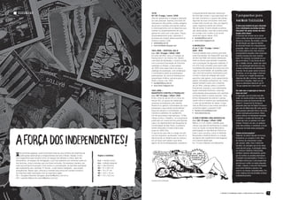 RESENHAS                                                                                                 19:59                                          e frequentemente absurda, sobreviver.
                                                                                                               #0 / A5 / 6 pags. / xerox / 2008               No final das contas, o que esse texto tem            3 perguntas para
                                                                                                               Zine de quadrinhos e colagens realizado        de mais chocante é o quanto são óbvias
                                                                                                               por seis pessoas. Apenas uma folha A4          algumas de suas conclusões: está tudo                WAGNER TEIXEIRA
                                                                                                               dobrada em três partes, muitas colagens        aí para todo mundo ver, mas, por alguma
                                                                                                               de jornais e revistas convivendo caótica       razão, seguimos dando de ombros.                     É séria essa história de que o Anormal
                                                                                                               e charmosamente com os desenhos que            Vão-se quase 10 anos desde a publica-                Zine é distribuído nos ônibus de Belo
                                                                                                               ilustram os questionamentos de uma             ção desta edição, mas vale a pena entrar             Horizonte? Há outras formas de distri-
                                                                                                               garota em crise com o seu peso. Traços         em contato com o editor e ver se ele                 buição além dessa?
                                                                                                               propositadamente sujos, captando o             ainda tem algum desse. (DU)                          O Anormal tem de fazer jus ao nome,
                                                                                                               processo de criação dessa experiência             saulodias@terra.com.br                            rsrsrs, então não espere encontrá-lo em
                                                                                                               zinística coletiva. (LM)                          www.2veis1.blogspot.com                           bancas ou livrarias. Na verdade, a técnica
                                                                                                                  claskate@ig.com.br                                                                               de distribuição que algumas edições
                                                                                                                  www.arttilldeath.blogspot.com               A MURIÇOCA                                           do Anormal tiveram foi o esquecimento
                                                                                                                                                              #1 ao 7 / A5 / 12 pags. / xerox /                    proposital. Assim, o zine era “esquecido”
                                                                                                               100% ZINE – FESTIVAL DIA D                     2009 - 2010                                          em locais públicos dos mais diversos,
                                                                                                               n.u. / A6 / 16 pags. / offset / 2001           Fanzine editado pelo cursinho pré-vesti-             principalmente naqueles onde costumam
                                                                                                               Em julho de 2001 rolou a 3ª edição do          bular Educamais, de Osasco/SP, que des-              transitar pessoas dos mais variados
                                                                                                               Festival Dia D, em Vitória / ES. Dentre        de abril de 2009 vem sendo distribuído               tipos. Por exemplo, era deixado em um
                                                                                                               uma série de atividades, o evento contou       entre os alunos (que também cooperam                 banco de ônibus. É uma forma de obri-
                                                                                                               com a primeira Exposição de Fanzines           com a produção de algumas matérias). É               gar o cidadão comum, aquele que nunca
                                                                                                               realizada no Estado, e esta edição             um zine muito completo para quem está                viu uma publicação alternativa na vida,
                                                                                                               do 100% Zine nada mais é do que o              na batalha dos estudos em busca de uma               a tomar conhecimento da existência do
                                                                                                               catálogo da exposição, com endereços           vaga na universidade: de questões práti-             Anormal. Se ele quiser sentar no banco
                                                                                                               e comentários sobre as publicações             cas como documentos necessários para                 do ônibus, vai ter que pegar o Anormal.
                                                                                                               participantes. Se você se interessa por        o Enem e dicas de redação até outros                 E é curioso ver a reação das pessoas.
                                                                                                               arqueologia zinística, escreva para o          assuntos mais gerais, como aquecimento               Algumas não dão a mínima, mas outras
                                                                                                               Saulo e peça o seu. (DU)                       global, orientação profissional, etc. Cada           ficam bem intrigadas, olham pra ele
                                                                                                                  saulodias@terra.com.br                      edição também conta com a resenha                    como se estivessem diante de um ET.
                                                                                                                  www.2veis1.blogspot.com                     de um filme, notícias sobre o cursinho               “De que planeta terá vindo isso?” rsrsrs.
                                                                                                                                                              Educamais, poesias e uma interessante
                                                                                                               100% ZINE –                                    seção chamada Confronto, onde são                    De onde vem a inspiração na hora de
                                                                                                               MANIFESTO CONTRA O TRABALHO                    entrevistadas duas pessoas com opiniões              fazer um zine?
                                                                                                               n.u. / A6 / 64 pags. / offset / 2002           contrárias sobre o mesmo assunto. Uma                A inspiração vem de muita coisa dife-
                                                                                                               Entre o final do século XX e o início do       forma interessante de exercer o pensa-               rente, no mundo artístico me inspiram
                                                                                                               século XXI, um grupo de intelectuais           mento crítico e mostrar aos vestibulandos            desde os contos do Conan escritos por
                                                                                                               europeus encabeçado pelo alemão                o valor da pluralidade de ideias. Longa              Robert E. Howard até Os Simpsons,
                                                                                                               Robert Kurz ganhou notoriedade por suas        vida ao Muriçoca e que outras escolas e              passando pela obra de Rubem Fonseca e
                                                                                                               pesquisas e seus textos contundentes,          cursinhos sigam o exemplo! (LM)                      pelo som do Metal anos 80, entre outros.
                                                                                                               expondo sempre a contradições, des-               fanzine.muricoca@gmail.com                        Cada pequena absorção feita no dia-a-dia
                                                                                                               mandos e patifarias do capitalismo.               www.educamais.org                                 é uma inspiração para produzir. Vários
                                                                                                               Um de seus textos mais famosos, “O Ma-                                                              outros zineiros me influenciam bastante.
                                                                                                               nifesto Contra o Trabalho”, foi inicialmente   A VIDA É MESMO UMA MARAVILHA                         E também o mundo não-ficcional, as
                                                                                                               publicado em nossa terrinha pela Revista       n.u. / A6 / 24 pags. / offset / 2009                 coisas que vejo, as pessoas com quem
                                                                                                               Labur, do departamento de Geografia da         Márcio Jr. é um notório cidadão goia-                interajo. Produzir um zine, ou qualquer
                                                                                                               Universidade de São Paulo, e posterior-        niense cuja lista de benfeitorias à cidade           outra obra artística, é condensar e recriar
                                                                                                               mente relançado à moda zineira pela            inclui os vocais na banda Mechanics,                 um pouco de todas essas percepções.
                                                                                                               trupe do 100% Zine.                            participação no selo Monstro Discos (e
                                                                                                               O que se faz aqui não é o elogio da inér-      tudo o que o envolve, como os festivais              Zineiro só tem prejuízo?
                                                                                                               cia nem hippismo raulseixista, mas sim a       Bananada e Goiânia Noise) e a criação                Depende. Se estiver falando em termos
                                                                                                               denúncia de um sistema que se colocou          de alguns dos quadrinhos mais bagacei-               financeiros, aí o prejuízo é certo. Mas
                                                                                                               em um beco sem saída e que tenta               ros e toscos deste país.                             em termos de crescimento e evolu-
                                                                                                               agora, de forma desesperada, opressora         Em “A vida é Mesmo uma Maravilha”                    ção pessoal, editar zines é altamente
                                                                                                                                                                                                                   lucrativo. As amizades que se faz nesse
                                                                                                                                                                                                                   meio não tem preço. A satisfação obtida
                                                                                                                                                                                                                   ao conhecer trabalhos interessantes,

    N   as próximas páginas, você encontrará mais de uma centena de resenhas de
        publicações alternativas e independentes de todo o Brasil. Desde o início,
    nós imaginamos este Anuário como um espaço de reflexão e crítica, além de,
                                                                                      Siglas e medidas:
                                                                                                                                                                                                                   conhecer pessoas interessantes, partici-
                                                                                                                                                                                                                   par de eventos ou projetos alternativos
                                                                                                                                                                                                                   é bastante recompensadora. Primeiro, a
    obviamente, um espaço de divulgação, e por isso optamos por comentar cada um      n.u. = número único                                                                                                          liberdade criativa que o zine proporciona
    dos fanzines, zines e revistas que nos foram enviados. De qualquer maneira, por   e.e. = edição especial                                                                                                       permite que o editor se realize enquanto
    mais que tenhamos buscado o bom senso e a ponderação, as opiniões expressas       n.i. = não informou                                                                                                          criador, e depois, a troca de informações
    são exatamente isso: opiniões. É normal – e até mesmo desejado – que surjam       A4 = 21 x 29,7 cm                                                                                                            com outros leitores e autores o faz
    divergências. Nesse caso, sinta-se à vontade para entrar em contato conosco!      A5 = 15 x 21 cm                                                                                                              evoluir e se renovar constantemente. Pra
    As resenhas estão assinadas com as seguintes siglas:                              A6 = 10,5 x 15 cm                                                                                                            mim o balanço final da atividade zinística
    DU = Douglas Utescher (douglas_utescher@yahoo.com.br) e                           A7 = 7,5 x 10,5 cm                                                                                                           é altamente positivo.
    LM = Leandro Márcio (le_marcio@yahoo.com.br)
                                                                                                               Almanaque Contos da Madrugada




6     UGRA PRESS - 2011                                                                                                                                                                        1o ANUÁRIO DE FANZINES, ZINES E PUBLICACÕES ALTERNATIVAS          7
 