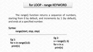 for LOOP - range KEYWORD
The range() function returns a sequence of numbers,
starting from 0 by default, and increments by 1 (by default),
and ends at a specified number.
Syntax:
range(start, stop, step)
----------------------------------------------------------------------
Eg 1:
for n in range(3,6):
print(n)
Eg 2:
x = range(3, 6)
for n in x:
print(n)
 