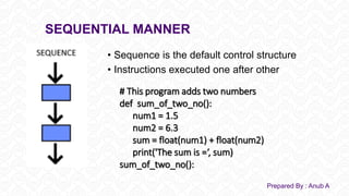 SEQUENTIAL MANNER
Prepared By : Anub A
• Sequence is the default control structure
• Instructions executed one after other
# This program adds two numbers
def sum_of_two_no():
num1 = 1.5
num2 = 6.3
sum = float(num1) + float(num2)
print('The sum is =‘, sum)
sum_of_two_no():
 