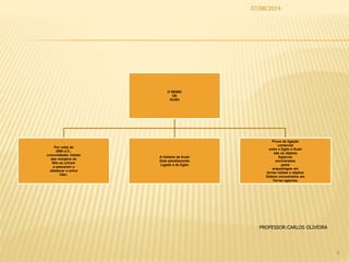 O REINO
DE
KUSH
Por volta de
2000 a.C.,
comunidades núbias
das margens do
Nilo se uniram
e passaram a
obedecer a único
líder.
A história de Kush
Está estreitamente
Ligada à do Egito
Prova da ligação
comercial
entre o Egito e Kush
são os objetos
Egípcios
encontrados
pelos
arqueólogos em
terras núbias e objetos
Núbios encontrados em
Terras egípcias.
07/08/2014
4
PROFESSOR:CARLOS OLIVEIRA
 