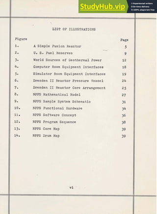 LIST OF ILLUSTRATIONS
Figure
1. A Simple Fusion Reactor
U
. S m Fuel Reserves
World Sources of Geothermal Power
Computer R
o
o
m Equipment Interfaces
Simulator Room Equipment Interfaces
Dresden I1 Reactor Pressure Vessel
Dresden I1 Reactor Core Arrangement
NPPS Mathematical Model
NPPS Sample System Schematic
NPPS Functional Hardware
NPPS Software Concept
NPFS Program Sequence
NPPS Core Map
NPPS Drum Map
Page
5
9
12
 