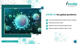COVID-19, the global pandemic
Corona Virus Disease 2019 has brought the world to a standstill
Transmitted from bats to humans
Originated in China and spread throughout the world
Declared a pandemic by the WHO on March 11, 2020
 