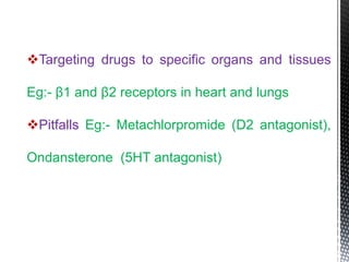Targeting drugs to specific organs and tissues
Eg:- β1 and β2 receptors in heart and lungs
Pitfalls Eg:- Metachlorpromide (D2 antagonist),
Ondansterone (5HT antagonist)
 