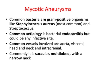 Mycotic Aneurysms
• Common bacteria are gram-positive organisms
like Staphylococcus aureus (most common) and
Streptococcus.
• Common aetiology is bacterial endocarditis but
could be any infective site.
• Common vessels involved are aorta, visceral,
head and neck and intracranial.
• Commonly it is saccular, multilobed, with a
narrow neck
 