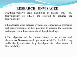 Antihypertensive drug Lacidipine is having only 10%
bioavailability so NLC’s are selected to enhance the
bioavailability.
Lipid-based drug delivery systems are expected as promising
oral carriers because of their potential to increase the solubility
and improve oral bioavailability of lipophilic drugs.
The objective of the present study is to prepare and
characterize Nanostructured lipid carriers (NLCs) for delivering
orally the hypertensive drug Lacidipine for enhancement of
bioavailability.
RESEARCH ENVISAGED
 