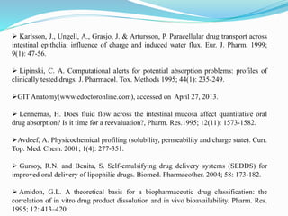  Karlsson, J., Ungell, A., Grasjo, J. & Artursson, P. Paracellular drug transport across
intestinal epithelia: influence of charge and induced water flux. Eur. J. Pharm. 1999;
9(1): 47-56.
 Lipinski, C. A. Computational alerts for potential absorption problems: profiles of
clinically tested drugs. J. Pharmacol. Tox. Methods 1995; 44(1): 235-249.
GIT Anatomy(www.edoctoronline.com), accessed on April 27, 2013.
 Lennernas, H. Does fluid flow across the intestinal mucosa affect quantitative oral
drug absorption? Is it time for a reevaluation?, Pharm. Res.1995; 12(11): 1573-1582.
Avdeef, A. Physicochemical profiling (solubility, permeability and charge state). Curr.
Top. Med. Chem. 2001; 1(4): 277-351.
 Gursoy, R.N. and Benita, S. Self-emulsifying drug delivery systems (SEDDS) for
improved oral delivery of lipophilic drugs. Biomed. Pharmacother. 2004; 58: 173-182.
 Amidon, G.L. A theoretical basis for a biopharmaceutic drug classification: the
correlation of in vitro drug product dissolution and in vivo bioavailability. Pharm. Res.
1995; 12: 413–420.
 