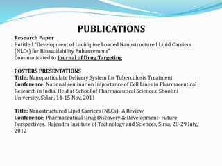 PUBLICATIONS
Research Paper
Entitled “Development of Lacidipine Loaded Nanostructured Lipid Carriers
(NLCs) for Bioavailability Enhancement”
Communicated to Journal of Drug Targeting
POSTERS PRESENTATIONS
Title: Nanoparticulate Delivery System for Tuberculosis Treatment
Conference: National seminar on Importance of Cell Lines in Pharmaceutical
Research in India. Held at School of Pharmaceutical Sciences, Shoolini
University, Solan, 14-15 Nov, 2011
Title: Nanostructured Lipid Carriers (NLCs)- A Review
Conference: Pharmaceutical Drug Discovery & Development- Future
Perspectives. Rajendra Institute of Technology and Sciences, Sirsa, 28-29 July,
2012
 