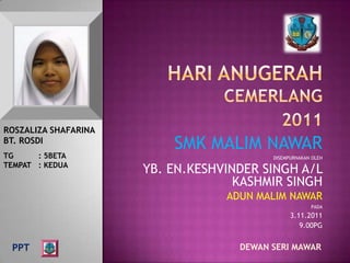 ROSZALIZA SHAFARINA
BT. ROSDI
                          SMK MALIM NAWAR
TG     : 5BETA                            DISEMPURNAKAN OLEH
TEMPAT : KEDUA
                      YB. EN.KESHVINDER SINGH A/L
                                    KASHMIR SINGH
                                  ADUN MALIM NAWAR
                                                       PADA
                                                3.11.2011
                                                   9.00PG


 PPT                                DEWAN SERI MAWAR
 