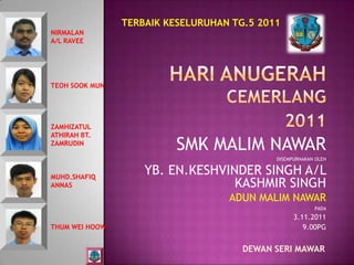 TERBAIK KESELURUHAN TG.5 2011
NIRMALAN
A/L RAVEE




TEOH SOOK MUN




ZAMHIZATUL
ATHIRAH BT.
ZAMRUDIN
                          SMK MALIM NAWAR
                                            DISEMPURNAKAN OLEH


MUHD.SHAFIQ
                    YB. EN.KESHVINDER SINGH A/L
ANNAS                             KASHMIR SINGH
                                   ADUN MALIM NAWAR
                                                         PADA
                                                  3.11.2011
THUM WEI HOOW                                        9.00PG


                                      DEWAN SERI MAWAR
 