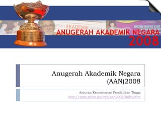 Anugerah Akademik Negara
              (AAN)2008
           Anjuran Kementerian Pendidikan Tinggi
    http://www.mohe.gov.my/aan2008/index.htm
 