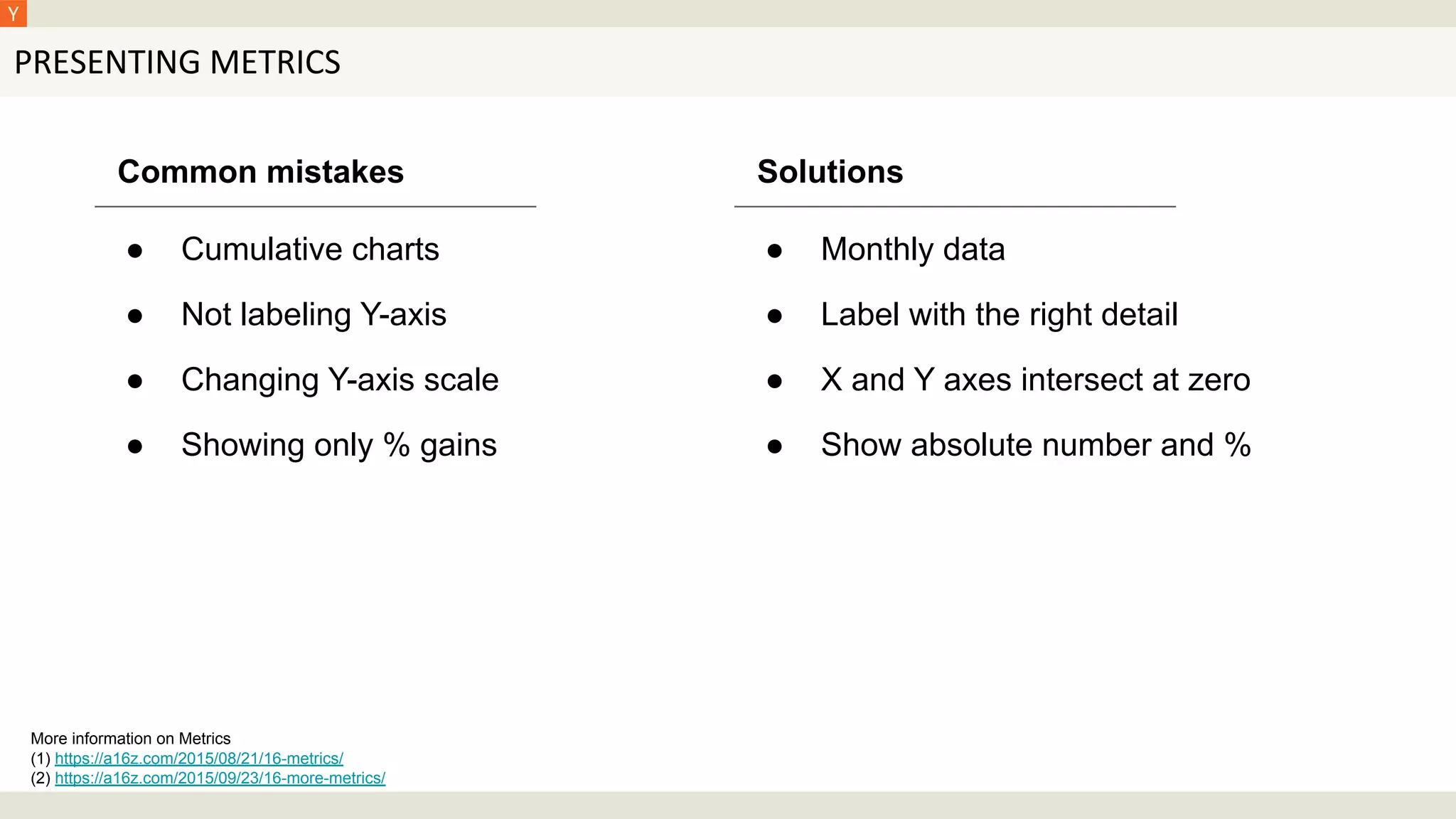 Common mistakes
● Cumulative charts
● Not labeling Y-axis
● Changing Y-axis scale
● Showing only % gains
PRESENTING METRICS
Solutions
● Monthly data
● Label with the right detail
● X and Y axes intersect at zero
● Show absolute number and %
More information on Metrics
(1) https://a16z.com/2015/08/21/16-metrics/
(2) https://a16z.com/2015/09/23/16-more-metrics/
 