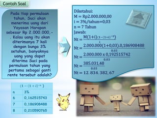 Contoh Soal
(𝟏 − 𝟏 + 𝒊 −n )
n 3%
6 0,162515743
7 0,186908488
8 0,210590765
Pada tiap permulaan
tahun, Suci akan
menerima uang dari
Yayasan Harapan
sebesar Rp 2.000.000,-
. Kalau uang itu akan
diterimanya 7 kali
dengan bunga 3%
setahun, banyaknya
uang yang dapat
diterima Suci pada
permulaan tahun yang
pertama sebagai ganti
rente tersebut adalah?
Diketahui:
M = Rp2.000.000,00
i = 3%/tahun=0,03
n = 7 Tahun
Jawab:
Nt =
M(1+i)(𝟏− 𝟏+𝐢 −n)
𝐢
Nt =
2.000.000(1+0,03).0,186908488
𝟎,𝟎𝟑
Nt =
2.000.000 x 0,192515742
𝟎,𝟎𝟑
Nt =
385.031,48
𝟎,𝟎𝟑
Nt = 𝟏𝟐. 𝟖𝟑𝟒. 𝟑𝟖𝟐, 𝟔𝟕
 