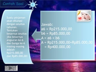 Contoh Soal
Suatu pinjaman
akan dilunasi
dengan anuitas
tahunan.
Tentukan
besarnya anuitas
jika besarnya
angsuran ke-6
dan bunga ke-6
masing-masing
adalah
Rp215.000,00
dan Rp85.000,00!
Jawab:
a6 = Rp215.000,00
b6 = Rp85.000,00
A = a6 + b6
A = Rp215.000,00+Rp85.000,00
= Rp400.000,00
 