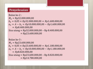Bulan ke-2 :
𝑀2 = Rp32.000.000,00
𝑏2 = 0,05 × 𝑅𝑝32.000.000,00 = 𝑅𝑝1.600.000,00
𝑎2 = 𝐴 − 𝑏1 = 𝑅𝑝10.000.000,00 − 𝑅𝑝1.600.000,00
= 𝑅𝑝8.400.000,00
Sisa utang = Rp32.000.000,00 – Rp 8.400.000,00
= Rp23.600.000,00
Bulan ke-3 :
𝑀3 = Rp23.600.000,00
𝑏3 = 0,05 × 𝑅𝑝23.600.000,00 = 𝑅𝑝1.180.000,00
𝑎3 = 𝐴 − 𝑏1 = 𝑅𝑝10.000.000,00 − 𝑅𝑝1.180.000,00
= 𝑅𝑝8.820.000,00
Sisa utang = Rp23.600.000,00 – Rp 8.820.000,00
= Rp14.780.000,00
Penyelesaian
 