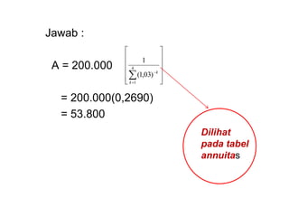 Jawab :
A = 200.000
= 200.000(0,2690)
= 53.800















4
1
)
03
,
1
(
1
k
k
Dilihat
pada tabel
annuitas
 