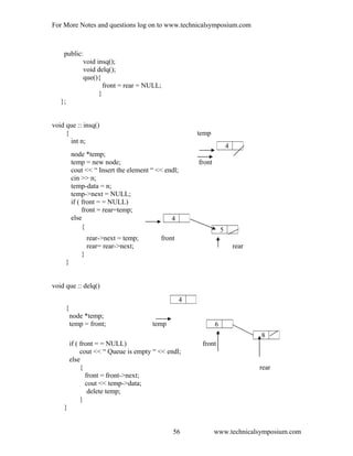 For More Notes and questions log on to www.technicalsymposium.com
public:
void insq();
void delq();
que(){
front = rear = NULL;
}
};
void que :: insq()
{ temp
int n;
node *temp;
temp = new node; front
cout << “ Insert the element “ << endl;
cin >> n;
temp-data = n;
temp->next = NULL;
if ( front = = NULL)
front = rear=temp;
else
{
rear->next = temp; front
rear= rear->next; rear
}
}
void que :: delq()
{
node *temp;
temp = front; temp
if ( front = = NULL) front
cout << “ Queue is empty “ << endl;
else
{ rear
front = front->next;
cout << temp->data;
delete temp;
}
}
www.technicalsymposium.com
4
4
5
4
6
8
56
 