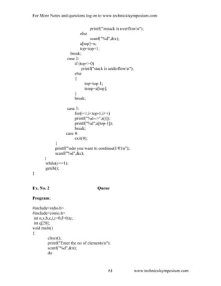 For More Notes and questions log on to www.technicalsymposium.com
printf("nstack is overflown");
else
scanf("%d",&x);
a[top]=x;
top=top+1;
break;
case 2:
if (top<=0)
printf("stack is underflown");
else
{
top=top-1;
temp=a[top];
}
break;
case 3:
for(i=1;i<top-1;i++)
printf("%d-->",a[i]);
printf("%d",a[top-1]);
break;
case 4:
exit(0);
}
printf("ndo you want to continue(1/0)n");
scanf("%d",&c);
}
while(c==1);
getch();
}
Ex. No. 2 Queue
Program:
#include<stdio.h>
#include<conio.h>
int n,x,b,c,i,r=0,f=0,te;
int q[20];
void main()
{
clrscr();
printf("Enter the no of elementsn");
scanf("%d",&n);
do
www.technicalsymposium.com61
 