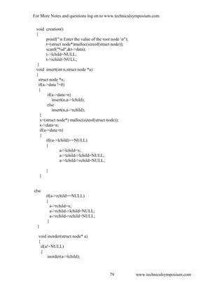 For More Notes and questions log on to www.technicalsymposium.com
void creation()
{
printf("n Enter the value of the root node n");
t=(struct node*)malloc(sizeof(struct node));
scanf("%d",&t->data);
t->lchild=NULL;
t->rchild=NULL;
}
void insert(int n,struct node *a)
{
struct node *x;
if(a->data !=0)
{
if(a->data>n)
insert(n,a->lchild);
else
insert(n,a->rchild);
}
x=(struct node*) malloc(sizeof(struct node));
x->data=n;
if(a->data>n)
{
if((a->lchild)==NULL)
{
a->lchild=x;
a->lchild->lchild=NULL;
a->lchild->rchild=NULL;
}
}
else
if(a->rchild==NULL)
{
a->rchild=x;
a->rchild->lchild=NULL;
a->rchild->rchild=NULL;
}
}
void inorder(struct node* a)
{
if(a!=NULL)
{
inorder(a->lchild);
www.technicalsymposium.com79
 