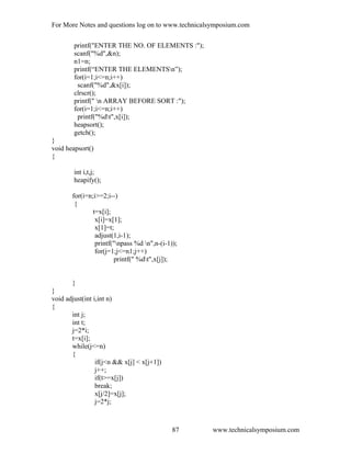 For More Notes and questions log on to www.technicalsymposium.com
printf("ENTER THE NO. OF ELEMENTS :");
scanf("%d",&n);
n1=n;
printf(“ENTER THE ELEMENTSn”);
for(i=1;i<=n;i++)
scanf("%d",&x[i]);
clrscr();
printf(" n ARRAY BEFORE SORT :");
for(i=1;i<=n;i++)
printf("%dt",x[i]);
heapsort();
getch();
}
void heapsort()
{
int i,t,j;
heapify();
for(i=n;i>=2;i--)
{
t=x[i];
x[i]=x[1];
x[1]=t;
adjust(1,i-1);
printf("npass %d n",n-(i-1));
for(j=1;j<=n1;j++)
printf(" %dt",x[j]);
}
}
void adjust(int i,int n)
{
int j;
int t;
j=2*i;
t=x[i];
while(j<=n)
{
if(j<n && x[j] < x[j+1])
j++;
if(t>=x[j])
break;
x[j/2]=x[j];
j=2*j;
www.technicalsymposium.com87
 