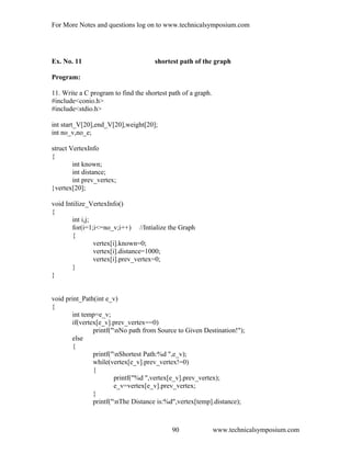 For More Notes and questions log on to www.technicalsymposium.com
Ex. No. 11 shortest path of the graph
Program:
11. Write a C program to find the shortest path of a graph.
#include<conio.h>
#include<stdio.h>
int start_V[20],end_V[20],weight[20];
int no_v,no_e;
struct VertexInfo
{
int known;
int distance;
int prev_vertex;
}vertex[20];
void Intilize_VertexInfo()
{
int i,j;
for(i=1;i<=no_v;i++) //Intialize the Graph
{
vertex[i].known=0;
vertex[i].distance=1000;
vertex[i].prev_vertex=0;
}
}
void print_Path(int e_v)
{
int temp=e_v;
if(vertex[e_v].prev_vertex==0)
printf("nNo path from Source to Given Destination!");
else
{
printf("nShortest Path:%d ",e_v);
while(vertex[e_v].prev_vertex!=0)
{
printf("%d ",vertex[e_v].prev_vertex);
e_v=vertex[e_v].prev_vertex;
}
printf("nThe Distance is:%d",vertex[temp].distance);
www.technicalsymposium.com90
 