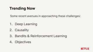 Some recent avenues in approaching these challenges:
1. Deep Learning
2. Causality
3. Bandits & Reinforcement Learning
4. ...