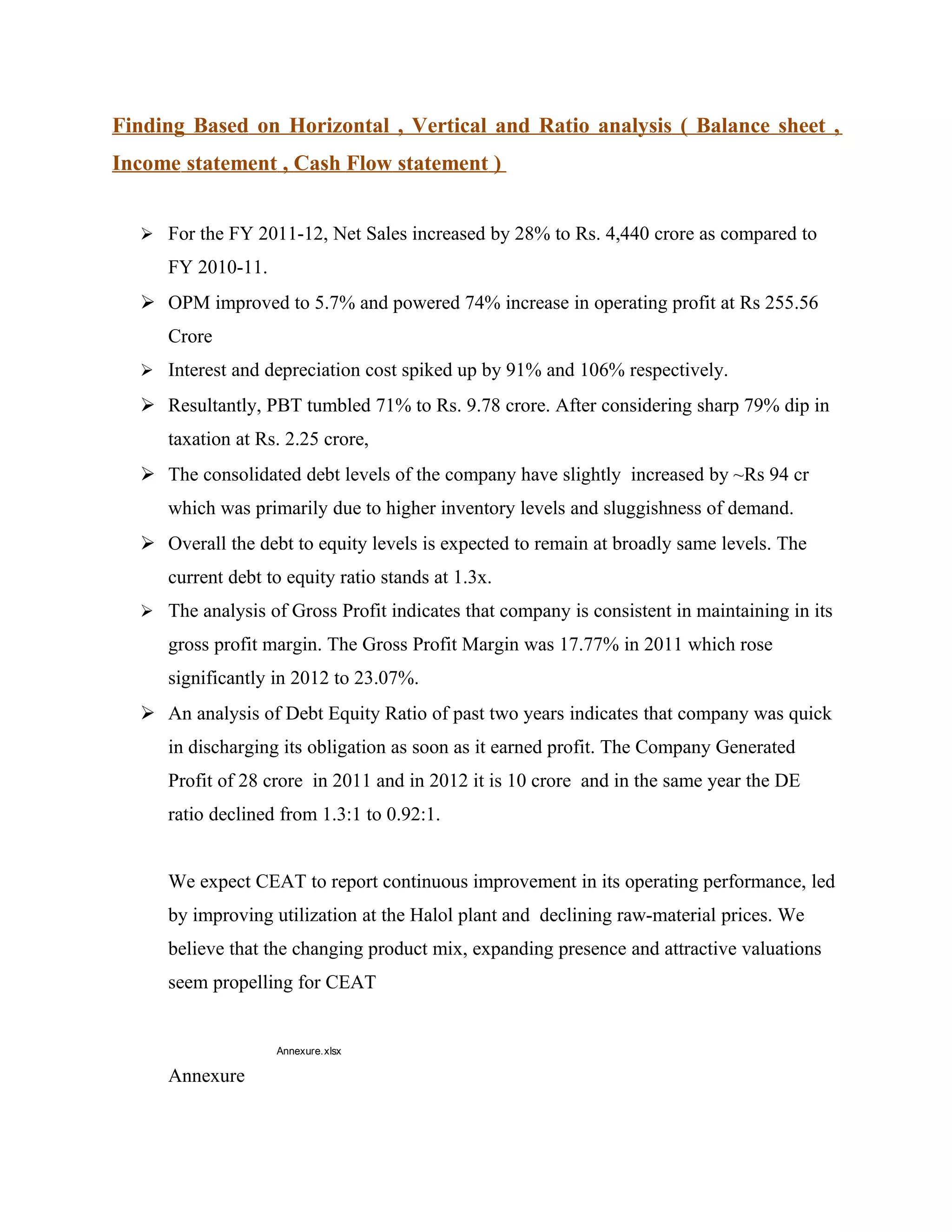 Finding Based on Horizontal , Vertical and Ratio analysis ( Balance sheet ,
Income statement , Cash Flow statement )


   For the FY 2011-12, Net Sales increased by 28% to Rs. 4,440 crore as compared to
     FY 2010-11.
   OPM improved to 5.7% and powered 74% increase in operating profit at Rs 255.56
     Crore
   Interest and depreciation cost spiked up by 91% and 106% respectively.

   Resultantly, PBT tumbled 71% to Rs. 9.78 crore. After considering sharp 79% dip in
     taxation at Rs. 2.25 crore,
   The consolidated debt levels of the company have slightly increased by ~Rs 94 cr
     which was primarily due to higher inventory levels and sluggishness of demand.
   Overall the debt to equity levels is expected to remain at broadly same levels. The
     current debt to equity ratio stands at 1.3x.
   The analysis of Gross Profit indicates that company is consistent in maintaining in its
     gross profit margin. The Gross Profit Margin was 17.77% in 2011 which rose
     significantly in 2012 to 23.07%.
   An analysis of Debt Equity Ratio of past two years indicates that company was quick
     in discharging its obligation as soon as it earned profit. The Company Generated
     Profit of 28 crore in 2011 and in 2012 it is 10 crore and in the same year the DE
     ratio declined from 1.3:1 to 0.92:1.


     We expect CEAT to report continuous improvement in its operating performance, led
     by improving utilization at the Halol plant and declining raw-material prices. We
     believe that the changing product mix, expanding presence and attractive valuations
     seem propelling for CEAT


                   Annexure.xlsx

     Annexure
 