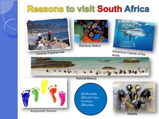 Rainbow Nation




                      Natural Beauty



                         Affordable
                         World Class
                         Facilities
                         Weather
Responsible Tourism
                                         Wildlife
 