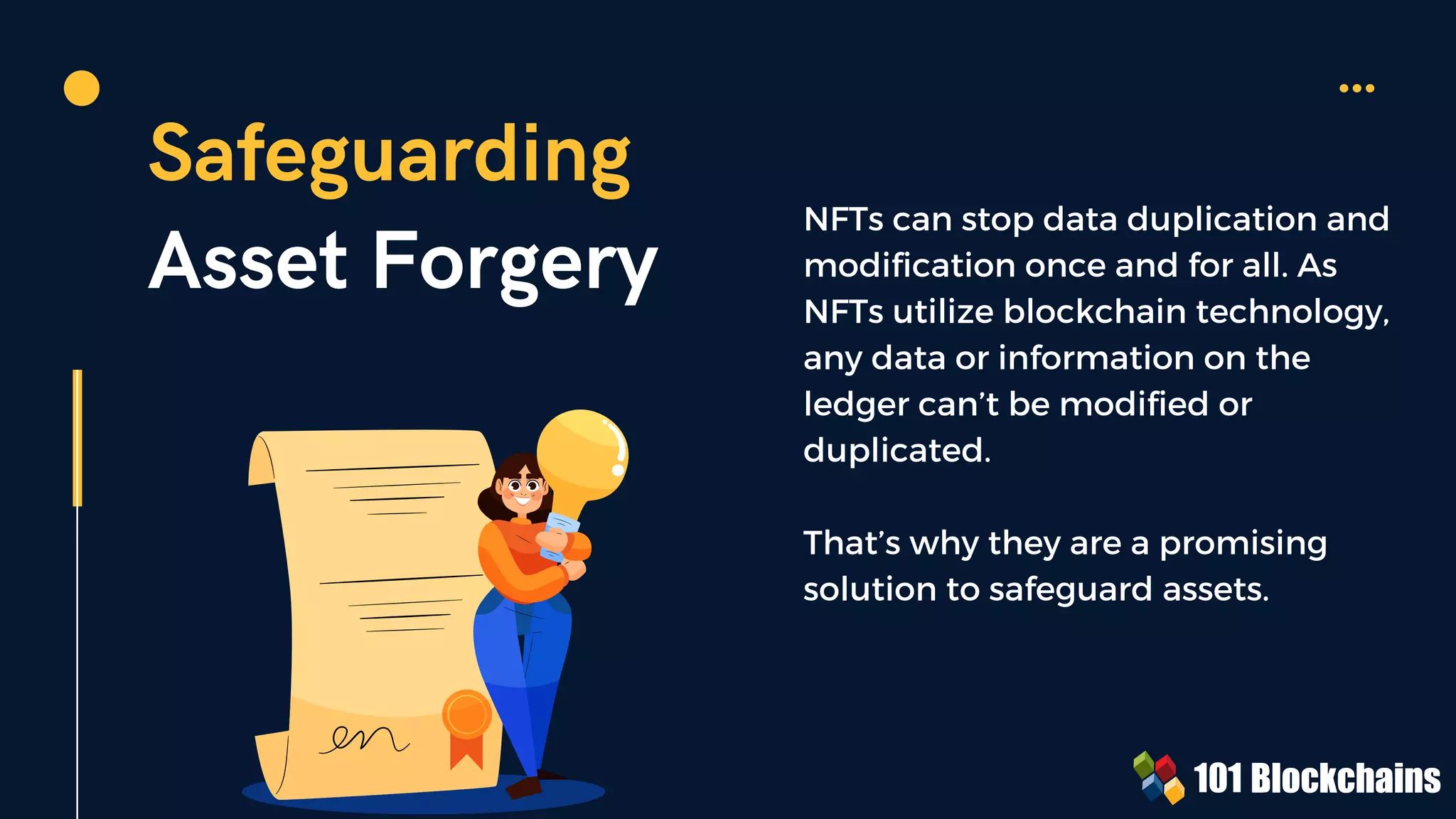 Safeguarding
Asset Forgery
NFTs can stop data duplication and
modification once and for all. As
NFTs utilize blockchain technology,
any data or information on the
ledger can’t be modified or
duplicated.
That’s why they are a promising
solution to safeguard assets.
 