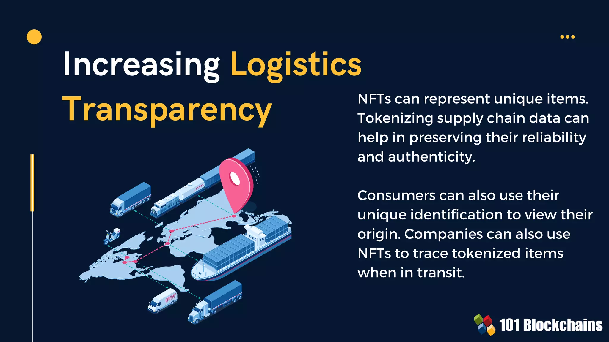 Increasing Logistics
Transparency NFTs can represent unique items.
Tokenizing supply chain data can
help in preserving their reliability
and authenticity.
Consumers can also use their
unique identification to view their
origin. Companies can also use
NFTs to trace tokenized items
when in transit.
 