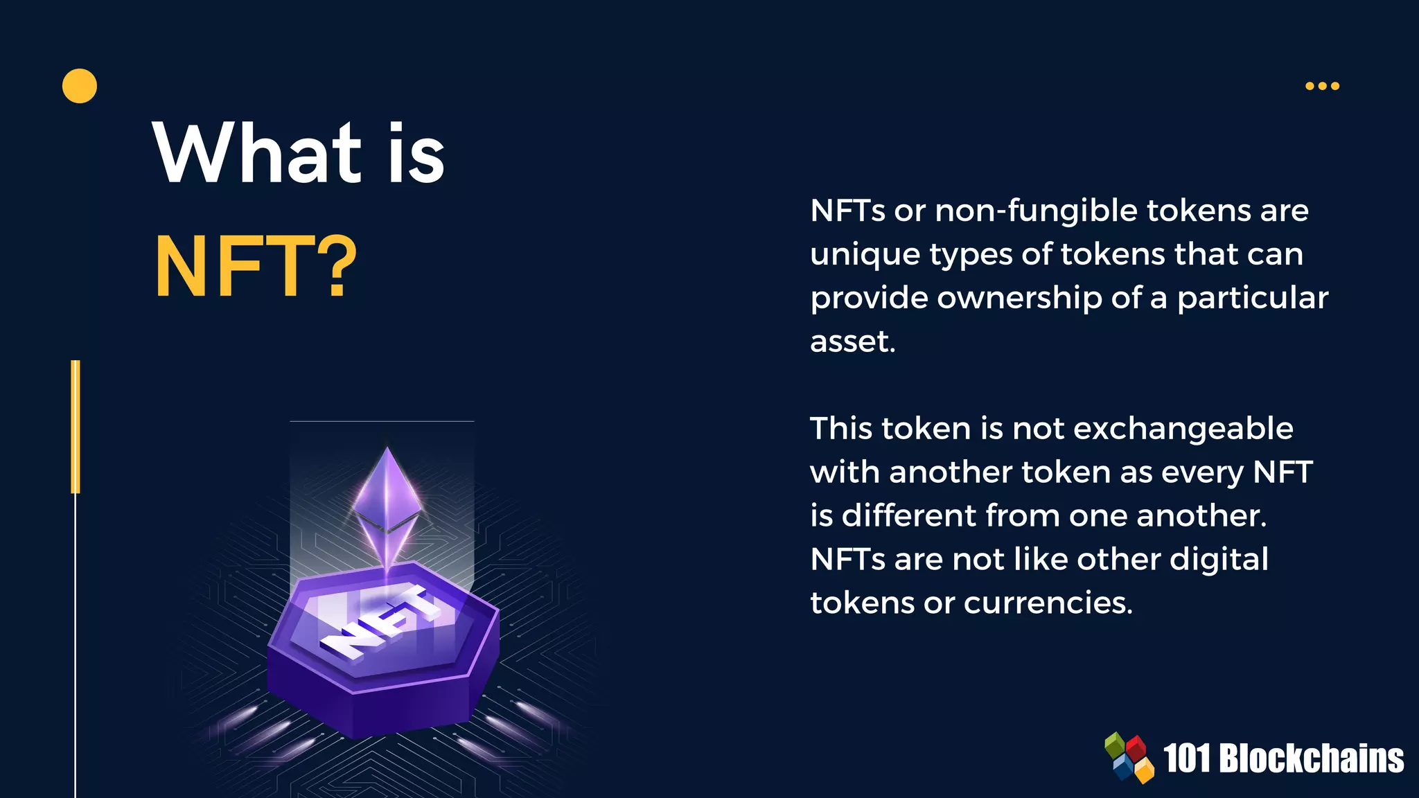 What is
NFT?
NFTs or non-fungible tokens are
unique types of tokens that can
provide ownership of a particular
asset.
This token is not exchangeable
with another token as every NFT
is different from one another.
NFTs are not like other digital
tokens or currencies.
 