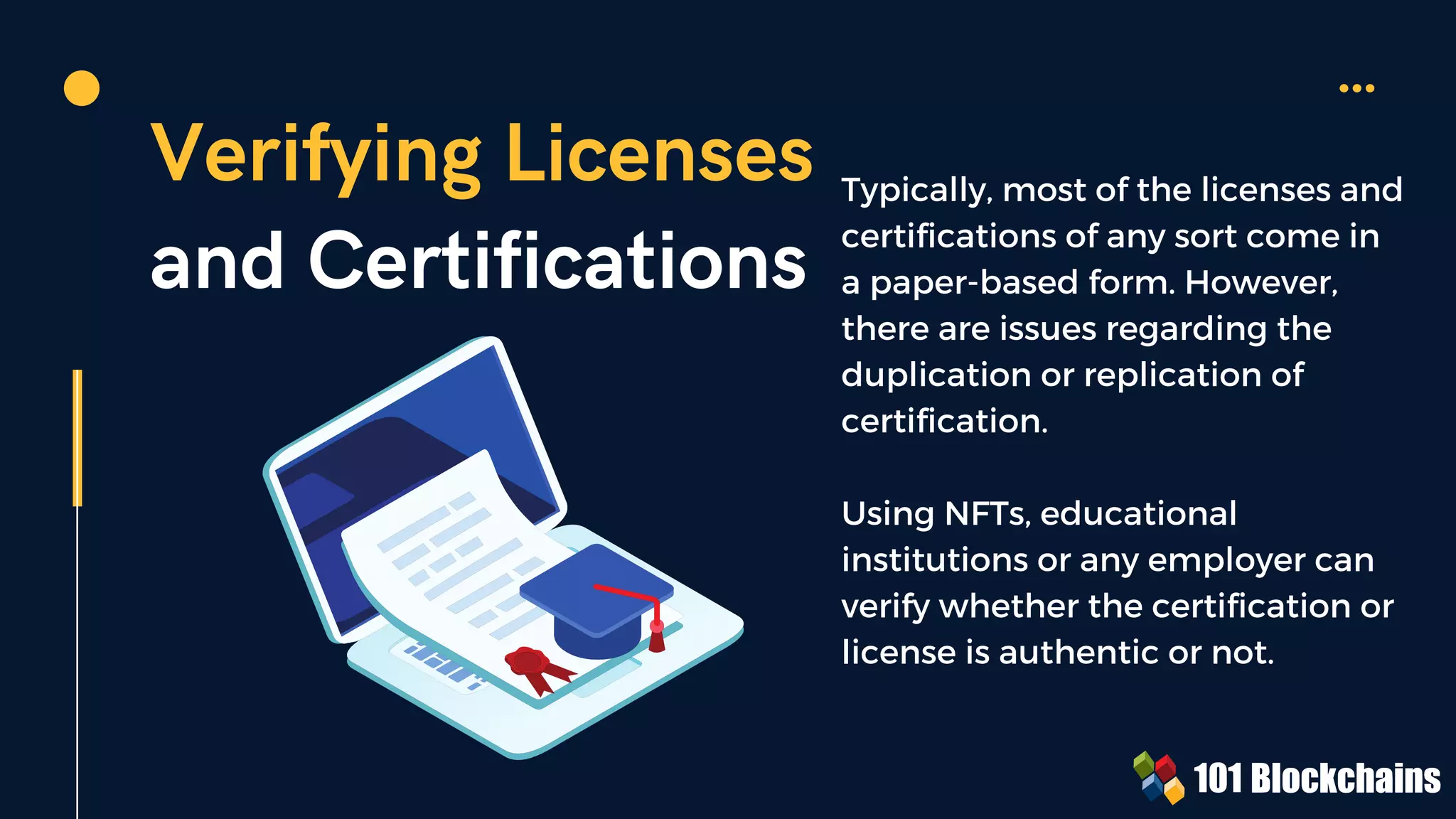 Verifying Licenses
and Certifications
Typically, most of the licenses and
certifications of any sort come in
a paper-based form. However,
there are issues regarding the
duplication or replication of
certification.
Using NFTs, educational
institutions or any employer can
verify whether the certification or
license is authentic or not.
 