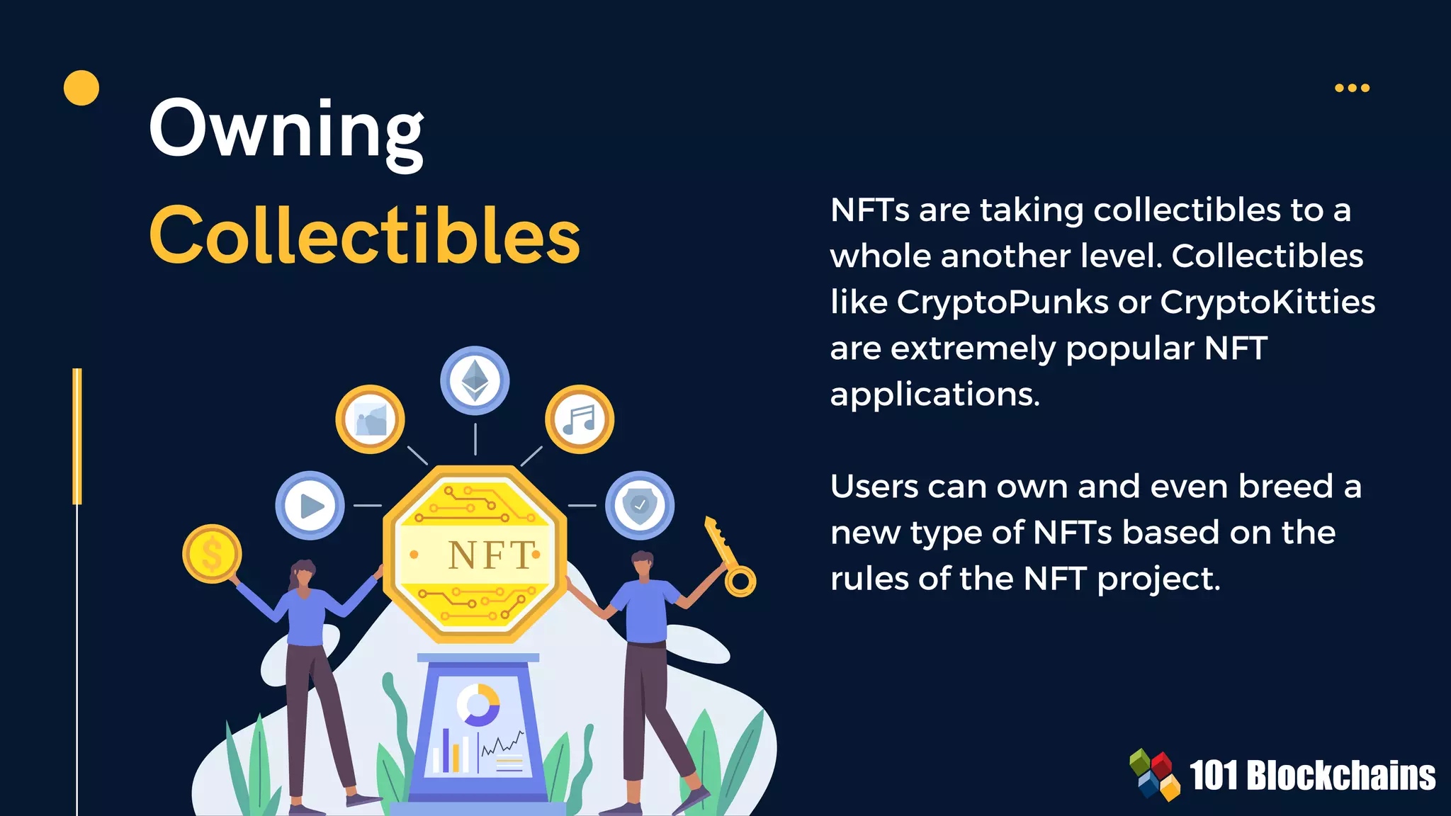 NFT
Owning
Collectibles NFTs are taking collectibles to a
whole another level. Collectibles
like CryptoPunks or CryptoKitties
are extremely popular NFT
applications.
Users can own and even breed a
new type of NFTs based on the
rules of the NFT project.
 