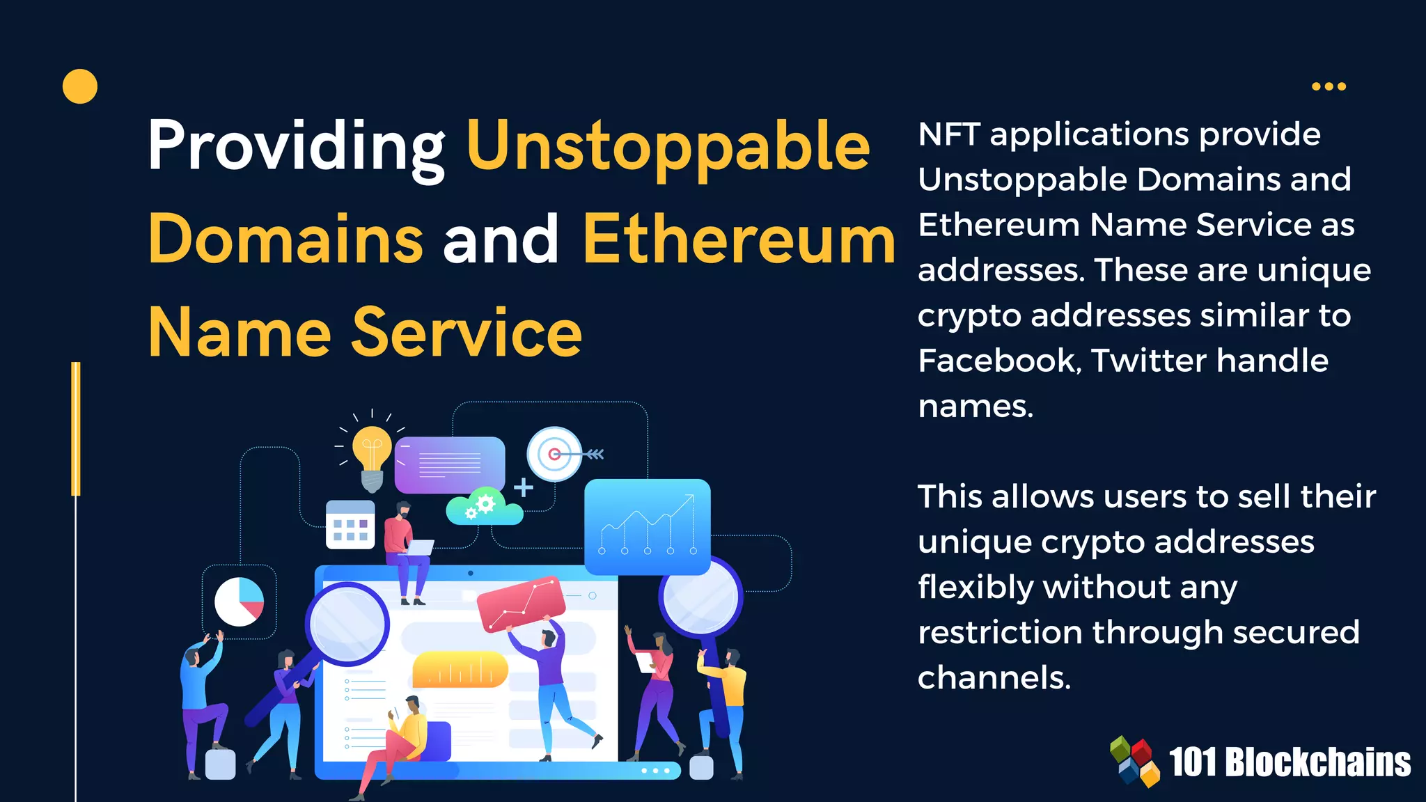 Providing Unstoppable
Domains and Ethereum
Name Service
NFT applications provide
Unstoppable Domains and
Ethereum Name Service as
addresses. These are unique
crypto addresses similar to
Facebook, Twitter handle
names.
This allows users to sell their
unique crypto addresses
flexibly without any
restriction through secured
channels.
 