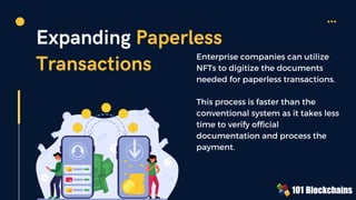 Expanding Paperless
Transactions Enterprise companies can utilize
NFTs to digitize the documents
needed for paperless transactions.
This process is faster than the
conventional system as it takes less
time to verify official
documentation and process the
payment.
 