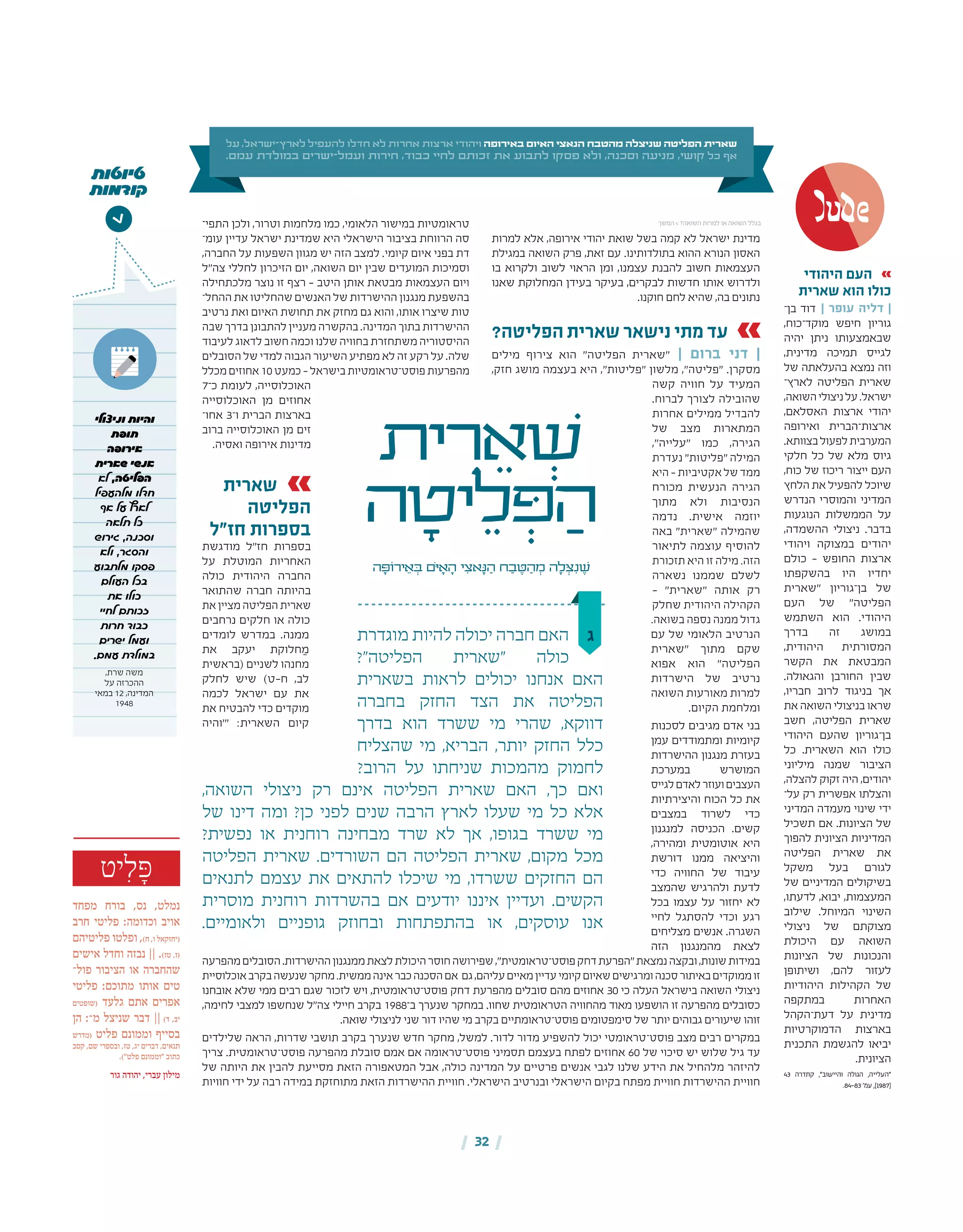 | 32 |
‫ית‬ ִ‫ר‬ ֵ‫א‬ ְׁ‫ש‬
‫ה‬ ָ‫יט‬ ֵ‫ל‬ ְּ‫פ‬ ַ‫ה‬
‫ה‬ ָ‫ירֹוּפ‬ ֵ‫א‬ ְ‫ּב‬ ‫ֹם‬‫ּי‬ ָ‫א‬ ָ‫ה‬ ‫י‬ ִ‫אצ‬ָ‫ּנ‬ ַ‫ה‬ ‫ח‬ ַ‫ב‬ ֶ‫ּט‬ ַ‫ה‬ ְ‫מ‬ ‫ה‬ ָ‫ל‬ ְ‫ּצ‬ִ‫נ‬ ֶ‫ׁש‬
‫על‬ ,‫ישראל‬-‫לארץ‬ ‫להעפיל‬ ‫חדלו‬ ‫לא‬ ‫אחרות‬ ‫ארצות‬ ‫ויהודי‬ ‫באירופה‬ ‫האיום‬ ‫הנאצי‬ ‫מהטבח‬ ‫שניצלה‬ ‫הפליטה‬ ‫שארית‬
.‫עמם‬ ‫במולדת‬ ‫ישרים‬-‫ועמל‬ ‫חירות‬ ,‫כבוד‬ ‫לחיי‬ ‫זכותם‬ ‫את‬ ‫לתבוע‬ ‫פסקו‬ ‫ולא‬ ,‫וסכנה‬ ‫מניעה‬ ,‫קושי‬ ‫כל‬ ‫אף‬
‫ג‬
‫יט‬ ִ‫ל‬ ָּ‫פ‬
‫מפחד‬ ‫בורח‬ ,‫נס‬ ,‫נמלט‬
‫חרב‬ ‫פליטי‬ :‫וכדומה‬ ‫אויב‬
‫פליטיהם‬ ‫ופלטו‬ ,)‫ח‬ ,‫ו‬ ‫(יחזקאל‬
‫אישים‬ ‫וחדל‬ ‫נבזה‬ || .)‫טז‬ ,‫(ז‬
‫פול‬ ‫הציבור‬ ‫או‬ ‫שהחברה‬‫־‬
‫פליטי‬ :‫מתוכם‬ ‫אותו‬ ‫טים‬
‫(שופטים‬ ‫גלעד‬ ‫אתם‬ ‫אפרים‬
‫הן‬ :‫מ־‬ ‫שניצל‬ ‫דבר‬ || )‫ד‬ ,‫יב‬
‫(מדרש‬ ‫פליט‬ ‫וממונם‬ ‫בסייף‬
‫קסב‬ ,‫שם‬ ‫ובספרי‬ ,‫טז‬ ,‫יג‬ ‫דברים‬ ,‫תנאים‬
.)"‫פלט‬ ‫"וממונם‬ ‫כתוב‬
‫גור‬ ‫יהודה‬ ,‫עברי‬ ‫מילון‬
‫מוגדרת‬ ‫להיות‬ ‫יכולה‬ ‫חברה‬ ‫האם‬
?"‫הפליטה‬ ‫"שארית‬ ‫כולה‬
‫בשארית‬ ‫לראות‬ ‫יכולים‬ ‫אנחנו‬ ‫האם‬
‫בחברה‬ ‫החזק‬ ‫הצד‬ ‫את‬ ‫הפליטה‬
‫בדרך‬ ‫הוא‬ ‫ששרד‬ ‫מי‬ ‫שהרי‬ ,‫דווקא‬
‫שהצליח‬ ‫מי‬ ,‫הבריא‬ ,‫יותר‬ ‫החזק‬ ‫כלל‬
‫דדד‬ ?‫הרוב‬ ‫על‬ ‫שניחתו‬ ‫מהמכות‬ ‫לחמוק‬
,‫השואה‬ ‫ניצולי‬ ‫רק‬ ‫אינם‬ ‫הפליטה‬ ‫שארית‬ ‫האם‬ ,‫כך‬ ‫ואם‬
‫של‬ ‫דינו‬ ‫ומה‬ ?‫כן‬ ‫לפני‬ ‫שנים‬ ‫הרבה‬ ‫לארץ‬ ‫שעלו‬ ‫מי‬ ‫כל‬ ‫אלא‬
?‫נפשית‬ ‫או‬ ‫רוחנית‬ ‫מבחינה‬ ‫שרד‬ ‫לא‬ ‫אך‬ ,‫בגופו‬ ‫ששרד‬ ‫מי‬
‫הפליטה‬ ‫שארית‬ .‫השורדים‬ ‫הם‬ ‫הפליטה‬ ‫שארית‬ ,‫מקום‬ ‫מכל‬
‫לתנאים‬ ‫עצמם‬ ‫את‬ ‫להתאים‬ ‫שיכלו‬ ‫מי‬ ,‫ששרדו‬ ‫החזקים‬ ‫הם‬
‫מוסרית‬ ‫רוחנית‬ ‫בהשרדות‬ ‫אם‬ ‫יודעים‬ ‫איננו‬ ‫ועדיין‬ .‫הקשים‬
.‫ולאומיים‬ ‫גופניים‬ ‫ובחוזק‬ ‫בהתפתחות‬ ‫או‬ ,‫עוסקים‬ ‫אנו‬
‫טיוטות‬
‫קודמות‬
>
‫וניצולי‬ ‫והיות‬
‫תופת‬
‫אירופה‬
‫שארית‬ ‫אנשי‬
‫לא‬ ,‫הפליטה‬
‫מלהעפיל‬ ‫חדלו‬
‫אף‬ ‫על‬ ‫לארץ‬
‫תלאה‬ ‫כל‬
‫גירוש‬ ,‫וסכנה‬
‫ולא‬ ,‫והסגר‬
‫מלתבוע‬ ‫פסקו‬
‫העולם‬ ‫בכל‬
‫את‬ ‫כולו‬
‫לחיי‬ ‫זכותם‬
‫חרות‬ ‫כבוד‬
‫ישרים‬ ‫ועמל‬
.‫עמם‬ ‫במולדת‬
,‫שרת‬ ‫משה‬
‫על‬ ‫ההכרזה‬
‫במאי‬ 12 ,‫המדינה‬
1948
‫למרות‬ ‫אלא‬ ,‫אירופה‬ ‫יהודי‬ ‫שואת‬ ‫בשל‬ ‫קמה‬ ‫לא‬ ‫ישראל‬ ‫מדינת‬
‫במגילת‬ ‫השואה‬ ‫פרק‬ ,‫זאת‬ ‫עם‬ .‫בתולדותינו‬ ‫ההוא‬ ‫הנורא‬ ‫האסון‬
‫בו‬ ‫ולקרוא‬ ‫לשוב‬ ‫הראוי‬ ‫ומן‬ ,‫עצמנו‬ ‫להבנת‬ ‫חשוב‬ ‫העצמאות‬
‫שאנו‬ ‫המחלוקת‬ ‫בעידן‬ ‫בעיקר‬ ,‫לבקרים‬ ‫חדשות‬ ‫אותו‬ ‫ולדרוש‬
.‫חוקנו‬ ‫לחם‬ ‫שהיא‬ ,‫בה‬ ‫נתונים‬
?‫הפליטה‬ ‫שארית‬ ‫נישאר‬ ‫מתי‬ ‫עד‬
‫מילים‬ ‫צירוף‬ ‫הוא‬ "‫הפליטה‬ ‫"שארית‬ | ‫ברום‬ ‫דני‬ |
,‫חזק‬ ‫מושג‬ ‫בעצמה‬ ‫היא‬ ,"‫"פליטות‬ ‫מלשון‬ ,"‫"פליטה‬ .‫מסקרן‬
‫קשה‬ ‫חוויה‬ ‫על‬ ‫המעיד‬
.‫לברוח‬ ‫לצורך‬ ‫שהובילה‬
‫אחרות‬ ‫ממילים‬ ‫להבדיל‬
‫של‬ ‫מצב‬ ‫המתארות‬
,"‫"עלייה‬ ‫כמו‬ ,‫הגירה‬
‫נעדרת‬ "‫"פליטות‬ ‫המילה‬
‫היא‬–‫אקטיביות‬‫של‬‫ממד‬
‫מכורח‬ ‫הנעשית‬ ‫הגירה‬
‫מתוך‬ ‫ולא‬ ‫הנסיבות‬
‫נדמה‬ .‫אישית‬ ‫יוזמה‬
‫באה‬ "‫"שארית‬ ‫שהמילה‬
‫לתיאור‬ ‫עוצמה‬ ‫להוסיף‬
‫תזכורת‬ ‫היא‬ ‫זו‬ ‫מילה‬ .‫הזה‬
‫נשארה‬ ‫שממנו‬ ‫לשלם‬
– "‫"שארית‬ ‫אותה‬ ‫רק‬
‫שחלק‬ ‫היהודית‬ ‫הקהילה‬
.‫בשואה‬ ‫נספה‬ ‫ממנה‬ ‫גדול‬
‫עם‬ ‫של‬ ‫הלאומי‬ ‫הנרטיב‬
‫"שארית‬ ‫מתוך‬ ‫שקם‬
‫אפוא‬ ‫הוא‬ "‫הפליטה‬
‫הישרדות‬ ‫של‬ ‫נרטיב‬
‫השואה‬ ‫מאורעות‬ ‫למרות‬
.‫הקיום‬ ‫ומלחמת‬
‫לסכנות‬ ‫מגיבים‬ ‫אדם‬ ‫בני‬
‫עמן‬ ‫ומתמודדים‬ ‫קיומיות‬
‫ההישרדות‬ ‫מנגנון‬ ‫בעזרת‬
‫במערכת‬ ‫המושרש‬
‫לגייס‬‫לאדם‬‫ועוזר‬‫העצבים‬
‫והיצירתיות‬ ‫הכוח‬ ‫כל‬ ‫את‬
‫במצבים‬ ‫לשרוד‬ ‫כדי‬
‫למנגנון‬ ‫הכניסה‬ .‫קשים‬
,‫ומהירה‬ ‫אוטומטית‬ ‫היא‬
‫דורשת‬ ‫ממנו‬ ‫והיציאה‬
‫כדי‬ ‫החוויה‬ ‫של‬ ‫עיבוד‬
‫שהמצב‬ ‫ולהרגיש‬ ‫לדעת‬
‫בכל‬ ‫עצמו‬ ‫על‬ ‫יחזור‬ ‫לא‬
‫לחיי‬ ‫להסתגל‬ ‫וכדי‬ ‫רגע‬
‫מצליחים‬ ‫אנשים‬ .‫השגרה‬
‫הזה‬ ‫מהמנגנון‬ ‫לצאת‬
‫מהפרעה‬‫הסובלים‬.‫ההישרדות‬‫ממנגנון‬‫לצאת‬‫היכולת‬‫חוסר‬‫שפירושה‬,"‫פוסט־טראומטית‬‫דחק‬‫"הפרעת‬‫נמצאת‬‫ובקצה‬,‫שונות‬‫במידות‬
‫אוכלוסיית‬‫בקרב‬‫שנעשה‬‫מחקר‬.‫ממשית‬‫אינה‬‫כבר‬‫הסכנה‬‫אם‬ ‫גם‬,‫עליהם‬‫מאיים‬‫עדיין‬‫קיומי‬‫שאיום‬‫ומרגישים‬‫סכנה‬‫באיתור‬‫ממוקדים‬‫זו‬
‫אובחנו‬ ‫שלא‬ ‫ממי‬ ‫רבים‬ ‫שגם‬ ‫לזכור‬ ‫ויש‬ ,‫פוסט־טראומטית‬ ‫דחק‬ ‫מהפרעת‬ ‫סובלים‬ ‫מהם‬ ‫אחוזים‬ 30 ‫כי‬ ‫העלה‬ ‫בישראל‬ ‫השואה‬ ‫ניצולי‬
,‫לחימה‬ ‫למצבי‬ ‫שנחשפו‬ ‫צה"ל‬ ‫חיילי‬ ‫בקרב‬ 1988‫ב־‬ ‫שנערך‬ ‫במחקר‬ .‫שחוו‬ ‫הטראומטית‬ ‫מהחוויה‬ ‫מאוד‬ ‫הושפעו‬ ‫זו‬ ‫מהפרעה‬ ‫כסובלים‬
.‫שואה‬ ‫לניצולי‬ ‫שני‬ ‫דור‬ ‫שהיו‬ ‫מי‬ ‫בקרב‬ ‫פוסט־טראומתיים‬ ‫סימפטומים‬ ‫של‬ ‫יותר‬ ‫גבוהים‬ ‫שיעורים‬ ‫זוהו‬
‫שלילדים‬ ‫הראה‬ ,‫שדרות‬ ‫תושבי‬ ‫בקרב‬ ‫שנערך‬ ‫חדש‬ ‫מחקר‬ ,‫למשל‬ .‫לדור‬ ‫מדור‬ ‫להשפיע‬ ‫יכול‬ ‫פוסט־טראומטי‬ ‫מצב‬ ‫רבים‬ ‫במקרים‬
‫צריך‬ .‫פוסט־טראומטית‬ ‫מהפרעה‬ ‫סובלת‬ ‫אמם‬ ‫אם‬ ‫פוסט־טראומה‬ ‫תסמיני‬ ‫בעצמם‬ ‫לפתח‬ ‫אחוזים‬ 60 ‫של‬ ‫סיכוי‬ ‫יש‬ ‫שלוש‬ ‫גיל‬ ‫עד‬
‫של‬ ‫היותה‬ ‫את‬ ‫להבין‬ ‫מסייעת‬ ‫הזאת‬ ‫המטאפורה‬ ‫אבל‬ ,‫כולה‬ ‫המדינה‬ ‫על‬ ‫פרטיים‬ ‫אנשים‬ ‫לגבי‬ ‫שלנו‬ ‫הידע‬ ‫את‬ ‫מלהחיל‬ ‫להיזהר‬
‫חוויות‬ ‫ידי‬ ‫על‬ ‫רבה‬ ‫במידה‬ ‫מתוחזקת‬ ‫הזאת‬ ‫ההישרדות‬ ‫חוויית‬ .‫הישראלי‬ ‫ובנרטיב‬ ‫הישראלי‬ ‫בקיום‬ ‫מפתח‬ ‫חוויית‬ ‫ההישרדות‬ ‫חוויית‬
‫התפי‬ ‫ולכן‬ ,‫וטרור‬ ‫מלחמות‬ ‫כמו‬ ,‫הלאומי‬ ‫במישור‬ ‫טראומטיות‬‫־‬
‫עומ‬ ‫עדיין‬ ‫ישראל‬ ‫שמדינת‬ ‫היא‬ ‫הישראלי‬ ‫בציבור‬ ‫הרווחת‬ ‫סה‬‫־‬
,‫החברה‬ ‫על‬ ‫השפעות‬ ‫מגוון‬ ‫יש‬ ‫הזה‬ ‫למצב‬ .‫קיומי‬ ‫איום‬ ‫בפני‬ ‫דת‬
‫צה"ל‬ ‫לחללי‬ ‫הזיכרון‬ ‫יום‬ ,‫השואה‬ ‫יום‬ ‫שבין‬ ‫המועדים‬ ‫וסמיכות‬
‫מלכתחילה‬ ‫נוצר‬ ‫זו‬ ‫רצף‬ – ‫היטב‬ ‫אותן‬ ‫מבטאת‬ ‫העצמאות‬ ‫ויום‬
‫ההחל‬ ‫את‬ ‫שהחליטו‬ ‫האנשים‬ ‫של‬ ‫ההישרדות‬ ‫מנגנון‬ ‫בהשפעת‬‫־‬
‫נרטיב‬ ‫ואת‬ ‫האיום‬ ‫תחושת‬ ‫את‬ ‫מחזק‬ ‫גם‬ ‫והוא‬ ,‫אותו‬ ‫שיצרו‬ ‫טות‬
‫שבה‬‫בדרך‬ ‫להתבונן‬ ‫מעניין‬‫בהקשרה‬ .‫המדינה‬ ‫בתוך‬‫ההישרדות‬
‫לעיבוד‬ ‫לדאוג‬ ‫חשוב‬ ‫וכמה‬ ‫שלנו‬ ‫בחוויה‬ ‫משתחזרת‬ ‫ההיסטוריה‬
‫הסובלים‬ ‫של‬ ‫למדי‬ ‫הגבוה‬ ‫השיעור‬ ‫מפתיע‬ ‫לא‬ ‫זה‬ ‫רקע‬ ‫על‬ .‫שלה‬
‫מכלל‬‫אחוזים‬10‫כמעט‬–‫בישראל‬‫פוסט־טראומטיות‬‫מהפרעות‬
7‫כ־‬ ‫לעומת‬ ,‫האוכלוסייה‬
‫האוכלוסייה‬ ‫מן‬ ‫אחוזים‬
‫אח�ו‬ 3 ‫־ו‬ ‫הברית‬ ‫בארצות‬‫־‬
‫ברוב‬ ‫האוכלוסייה‬ ‫מן‬ ‫זים‬
.‫ואסיה‬ ‫אירופה‬ ‫מדינות‬
‫שארית‬
‫הפליטה‬
‫חז"ל‬ ‫בספרות‬
‫מודגשת‬ ‫חז"ל‬ ‫בספרות‬
‫על‬ ‫המוטלת‬ ‫האחריות‬
‫כולה‬ ‫היהודית‬ ‫החברה‬
‫שהתואר‬ ‫חברה‬ ‫בהיותה‬
‫את‬‫מציין‬‫הפליטה‬‫שארית‬
‫נרחבים‬ ‫חלקים‬ ‫או‬ ‫כולה‬
‫לומדים‬ ‫במדרש‬ .‫ממנה‬
‫את‬ ‫יעקב‬ ‫חלוקת‬ ֵ‫מ‬
‫(בראשית‬ ‫לשניים‬ ‫מחנהו‬
‫לחלק‬ ‫שיש‬ )‫ח‑ט‬ ,‫לב‬
‫לכמה‬ ‫ישראל‬ ‫עם‬ ‫את‬
‫את‬ ‫להבטיח‬ ‫כדי‬ ‫מוקדים‬
‫"'והיה‬ :‫השארית‬ ‫קיום‬
‫היהודי‬ ‫העם‬
‫שארית‬ ‫הוא‬ ‫כולו‬
‫בן־‬ ‫דוד‬ | ‫עופר‬ ‫דליה‬ |
,‫מוקד־כוח‬ ‫חיפש‬ ‫גוריון‬
‫יהיה‬ ‫ניתן‬ ‫שבאמצעותו‬
,‫מדינית‬ ‫תמיכה‬ ‫לגייס‬
‫של‬ ‫בהעלאתה‬ ‫נמצא‬ ‫וזה‬
‫לארץ־‬ ‫הפליטה‬ ‫שארית‬
,‫השואה‬‫ניצולי‬‫על‬.‫ישראל‬
,‫האסלאם‬ ‫ארצות‬ ‫יהודי‬
‫ואירופה‬ ‫ארצות־הברית‬
.‫בצוותא‬‫לפעול‬‫המערבית‬
‫חלקי‬ ‫כל‬ ‫של‬ ‫מלא‬ ‫גיוס‬
,‫כוח‬ ‫של‬ ‫ריכוז‬ ‫ייצור‬ ‫העם‬
‫הלחץ‬ ‫את‬ ‫להפעיל‬ ‫שיוכל‬
‫הנדרש‬ ‫והמוסרי‬ ‫המדיני‬
‫הנוגעות‬ ‫הממשלות‬ ‫על‬
,‫ההשמדה‬ ‫ניצולי‬ .‫בדבר‬
‫ויהודי‬ ‫במצוקה‬ ‫יהודים‬
‫כולם‬ – ‫החופש‬ ‫ארצות‬
‫בהשקפתו‬ ‫היו‬ ‫יחדיו‬
‫"שארית‬ ‫בן־גוריון‬ ‫של‬
‫העם‬ ‫של‬ "‫הפליטה‬
‫השתמש‬ ‫הוא‬ .‫היהודי‬
‫בדרך‬ ‫זה‬ ‫במושג‬
,‫היהודית‬ ‫המסורתית‬
‫הקשר‬ ‫את‬ ‫המבטאת‬
.‫והגאולה‬ ‫החורבן‬ ‫שבין‬
,‫חבריו‬ ‫לרוב‬ ‫בניגוד‬ ‫אך‬
‫את‬ ‫השואה‬ ‫בניצולי‬ ‫שראו‬
‫חשב‬ ,‫הפליטה‬ ‫שארית‬
‫היהודי‬ ‫שהעם‬ ‫בן־גוריון‬
‫כל‬ .‫השארית‬ ‫הוא‬ ‫כולו‬
‫מיליוני‬ ‫שמנה‬ ‫הציבור‬
,‫להצלה‬ ‫זקוק‬ ‫היה‬ ,‫יהודים‬
‫על־‬ ‫רק‬ ‫אפשרית‬ ‫והצלתו‬
‫המדיני‬ ‫מעמדה‬ ‫שינוי‬ ‫ידי‬
‫תשכיל‬ ‫אם‬ .‫הציונות‬ ‫של‬
‫להפוך‬ ‫הציונית‬ ‫המדיניות‬
‫הפליטה‬ ‫שארית‬ ‫את‬
‫משקל‬ ‫בעל‬ ‫לגורם‬
‫של‬ ‫המדיניים‬ ‫בשיקולים‬
,‫לדעתו‬ ,‫יבוא‬ ,‫המעצמות‬
‫שילוב‬ .‫המיוחל‬ ‫השינוי‬
‫ניצולי‬ ‫של‬ ‫מצוקתם‬
‫היכולת‬ ‫עם‬ ‫השואה‬
‫הציונות‬ ‫של‬ ‫והנכונות‬
‫ושיתופן‬ ,‫להם‬ ‫לעזור‬
‫היהודיות‬ ‫הקהילות‬ ‫של‬
‫במתקפה‬ ‫האחרות‬
‫דעת־הקהל‬ ‫על‬ ‫מדינית‬
‫הדמוקרטיות‬ ‫בארצות‬
‫התכנית‬ ‫להגשמת‬ ‫יביאו‬
.‫הציונית‬
43 ‫קתדרה‬ ,"‫והיישוב‬ ‫הגולה‬ ,‫"העלייה‬
.84‑83 '‫עמ‬ ,]1987[
‫המשך‬ > ?‫השואה‬ ‫למרות‬ ‫או‬ ‫השואה‬ ‫בגלל‬
 