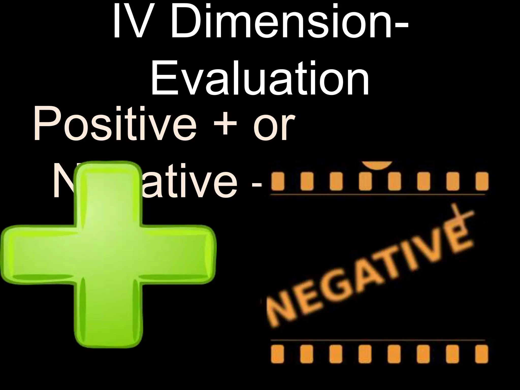 IV Dimension-
Evaluation
Positive + or
Negative –
 