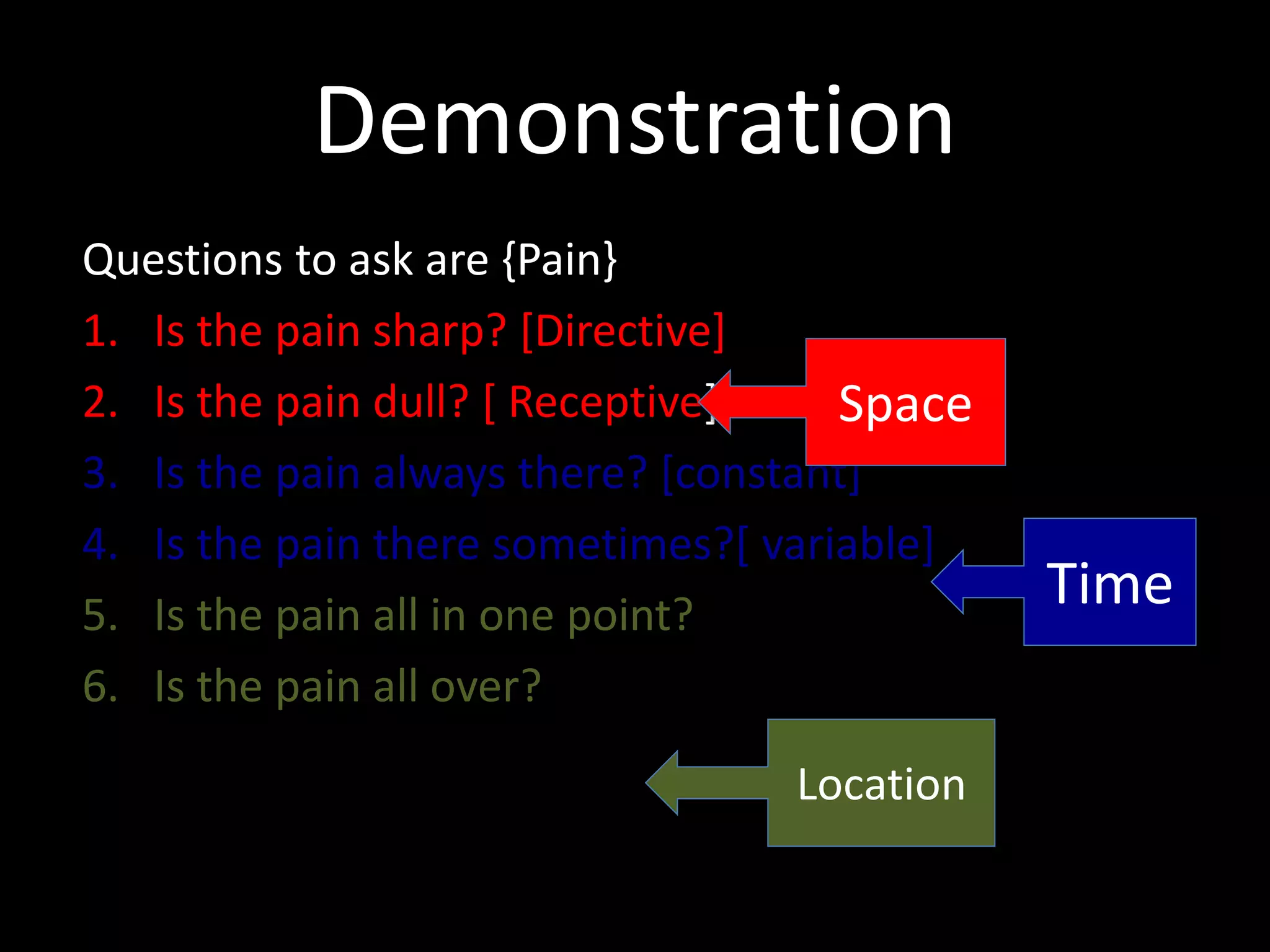 Demonstration
Questions to ask are {Pain}
1. Is the pain sharp? [Directive]
2. Is the pain dull? [ Receptive]
3. Is the pain always there? [constant]
4. Is the pain there sometimes?[ variable]
5. Is the pain all in one point?
6. Is the pain all over?
Space
Time
Location
 