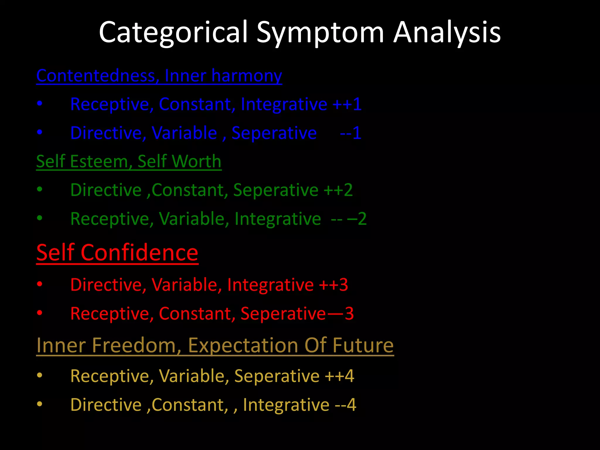 Categorical Symptom Analysis
Contentedness, Inner harmony
• Receptive, Constant, Integrative ++1
• Directive, Variable , Seperative --1
Self Esteem, Self Worth
• Directive ,Constant, Seperative ++2
• Receptive, Variable, Integrative -- –2
Self Confidence
• Directive, Variable, Integrative ++3
• Receptive, Constant, Seperative—3
Inner Freedom, Expectation Of Future
• Receptive, Variable, Seperative ++4
• Directive ,Constant, , Integrative --4
 