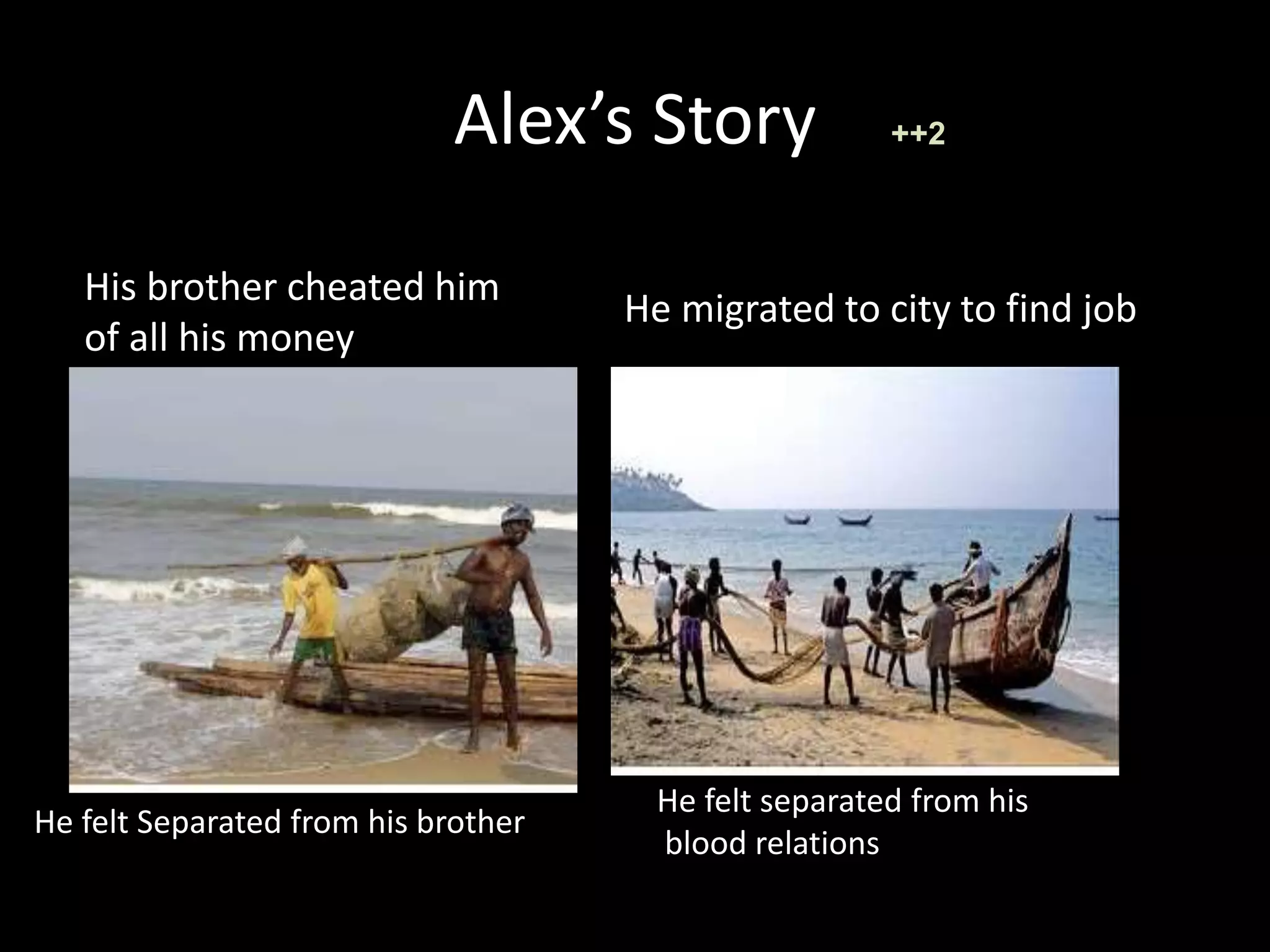 Alex’s Story
His brother cheated him
of all his money
He felt Separated from his brother
He migrated to city to find job
He felt separated from his
blood relations
++2
 