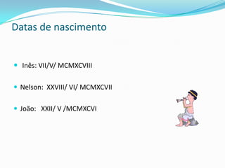 Datas de nascimento


 Inês: VII/V/ MCMXCVIII

 Nelson: XXVIII/ VI/ MCMXCVII


 João: XXII/ V /MCMXCVI
 