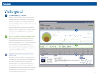 Visão geral
A   DESEMPENHO QUE VOCÊ VÊ
    O gráfico de público mostra a você quantas pessoas
    foram atingidas pelos seus anúncios, comparado ao
    seu público-alvo total nos últimos 28 dias. Para atingir
    ainda mais seu público em potencial, tente aumentar seus
    lances e orçamentos.

    Passe o mouse em cada círculo para ver o número de
    pessoas incluídas em cada conjunto. Coloque o mouse
                                                                  A
    nos pontos de interrogação para ver a definição de
    cada métrica.


B   NOVAS MÉTRICAS, COM FOCO EM PESSOAS
    Novas métricas importantes ajudam você a entender
    o desempenho de seus Anúncios do Facebook e de
    Históricos patrocinados, e como seu público respondeu
    à sua mensagem. Estes dados são atualizados
    constantemente, para que você possa medir resultados
                                                                  B
    em tempo real e adaptá-los rapidamente para que suas
    campanhas sejam bem-sucedidas.


    GERENCIAMENTO DE ANÚNCIOS EM LINHA                            C
C
    E EFICIENTE
    Não é mais necessário clicar para ir e voltar de páginas a
    fim de gerenciar todos os seus anúncios. Agora quando
    você clica em um anúncio em seu Gerenciador de
    anúncios, os detalhes de tal anúncio são exibidos na
    tabela, para que você não tenha que sair da página.

    Visualize o anúncio, revise seu direcionamento e público em
    potencial e alterne entre vários gráficos mostrando os
    diferentes aspectos do desempenho.
                                                                      2
 