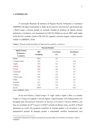 2
1. INTRODUÇÃO
A Associação Brasileira da Indústria de Higiene Pessoal, Perfumaria e Cosméticos
(ABIHPEC) divulgou recentemente os dados do Euromonitor International1
que mostram que
o Brasil ocupa a terceira posição no mercado mundial de produtos de higiene pessoal,
perfumaria e cosméticos, com faturamento de US$ 28,4 bilhões no ano de 2009, sendo Japão
(US$ 39,9 bi) e Estados Unidos (US$ 58,9 bi), segundo e primeiro lugares, respectivamente
(Tabela 1) (ABIHPEC, 2010).
Tabela 1 - Mercado mundial de produtos de higiene pessoal, perfumes e cosméticos
Mercado Mundial
Higiene Pessoal,
Perfumaria e
Cosméticos
2009
US$ Bilhões
Crescimento
(%)
Participação
(%)
Mundo 350,3 -2,1
1 Estados Unidos 58,9 -1,3 16,8
2 Japão 39,9 6,6 11,4
3 Brasil 28,4 3,2 8,1
4 China 20,8 10,4 5,9
5 Alemanha 17,4 -4,2 5,0
6 França 16,3 -6,8 4,7
7 Reino Unido 15,0 -13,2 4,3
8 Itália 12,5 -5,4 3,6
9 Espanha 10,7 -17,7 3,1
10 Rússia 10,4 -9,2 3,0
Top ten 230,37 -1,6 65,8
Fonte: (ABIHPEC, 2010).
Já em nível técnico, o Brasil ocupa o 4° lugar, sendo o Japão o líder e os Estados
Unidos e a França em segundo e terceiro lugares, respectivamente. Este ranking técnico foi
divulgado pela International Federation of Societies of Cosmetics Chemists (IFSCC) com
base nos resultados do 26th
Congress of IFSCC ocorrido em Buenos Aires, em 2010. O Brasil
apresentou no evento três pesquisas científicas no formato podium e 63 em pôster, o que
proporcionou posição de destaque perante a comunidade científica internacional. Isso
1
Euromonitor International: Empresa de pesquisa de mercado global, com escritórios em Chicago, Londres e
Singapura.
 