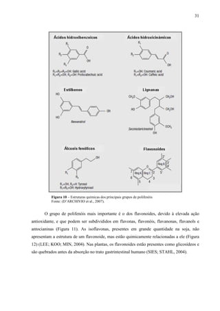 31
Figura 10 – Estruturas químicas dos principais grupos de polifenóis
Fonte: (D’ARCHIVIO et al., 2007).
O grupo de polifenóis mais importante é o dos flavonoides, devido à elevada ação
antioxidante, e que podem ser subdivididos em flavonas, flavonóis, flavanonas, flavanols e
antocianinas (Figura 11). As isoflavonas, presentes em grande quantidade na soja, não
apresentam a estrutura de um flavonoide, mas estão quimicamente relacionadas a ele (Figura
12) (LEE; KOO; MIN, 2004). Nas plantas, os flavonoides estão presentes como glicosídeos e
são quebrados antes da absorção no trato gastrintestinal humano (SIES; STAHL, 2004).
 