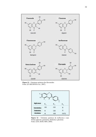 32
Figura 11 – Estruturas químicas dos flavonoides
Fonte: (D’ARCHIVIO et al., 2007).
Figura 12 – Estruturas químicas da isoflavona e suas
formas aglicona: genisteína, daidzeína e gliciteína
Fonte: (LEE; KOO; MIN, 2004).
 